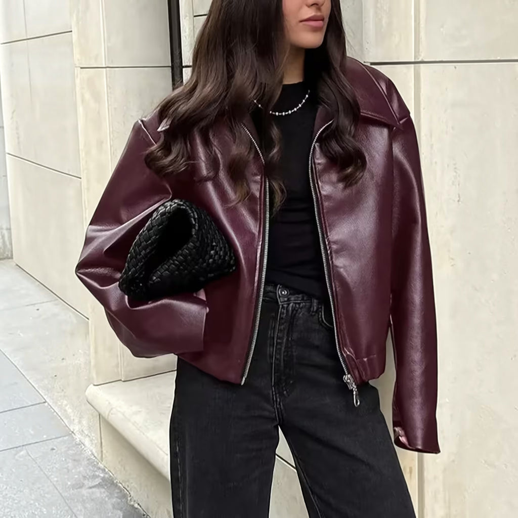 Ellmont London | Leather Jacket Women's Casual Moto Jacket with Lapel Collar