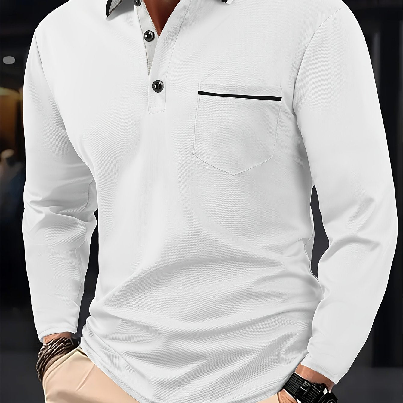 Men's Fashionable Contrast-color Lapel Design Versatile Casual Long-sleeve Shirt, Suitable for Daily Outings and Sports Wear in Spring and Autumn