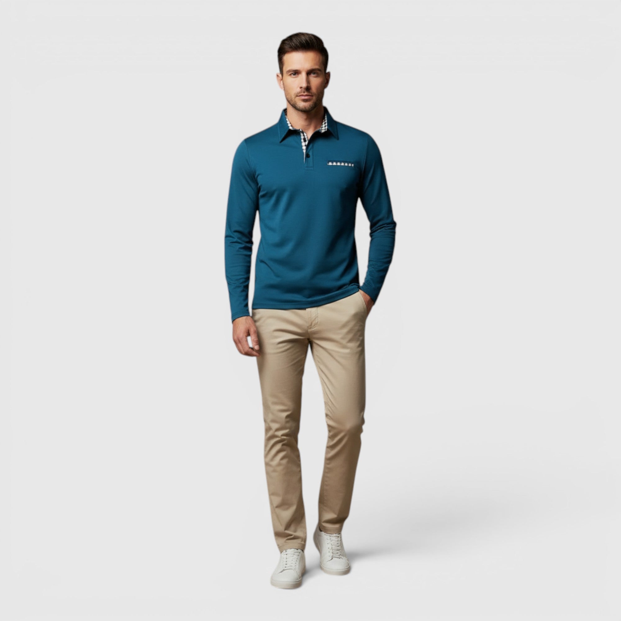 Ellmont London | Men's Polo Longsleeve V-Neck Sweater Quick-Dry Plaid Shirt