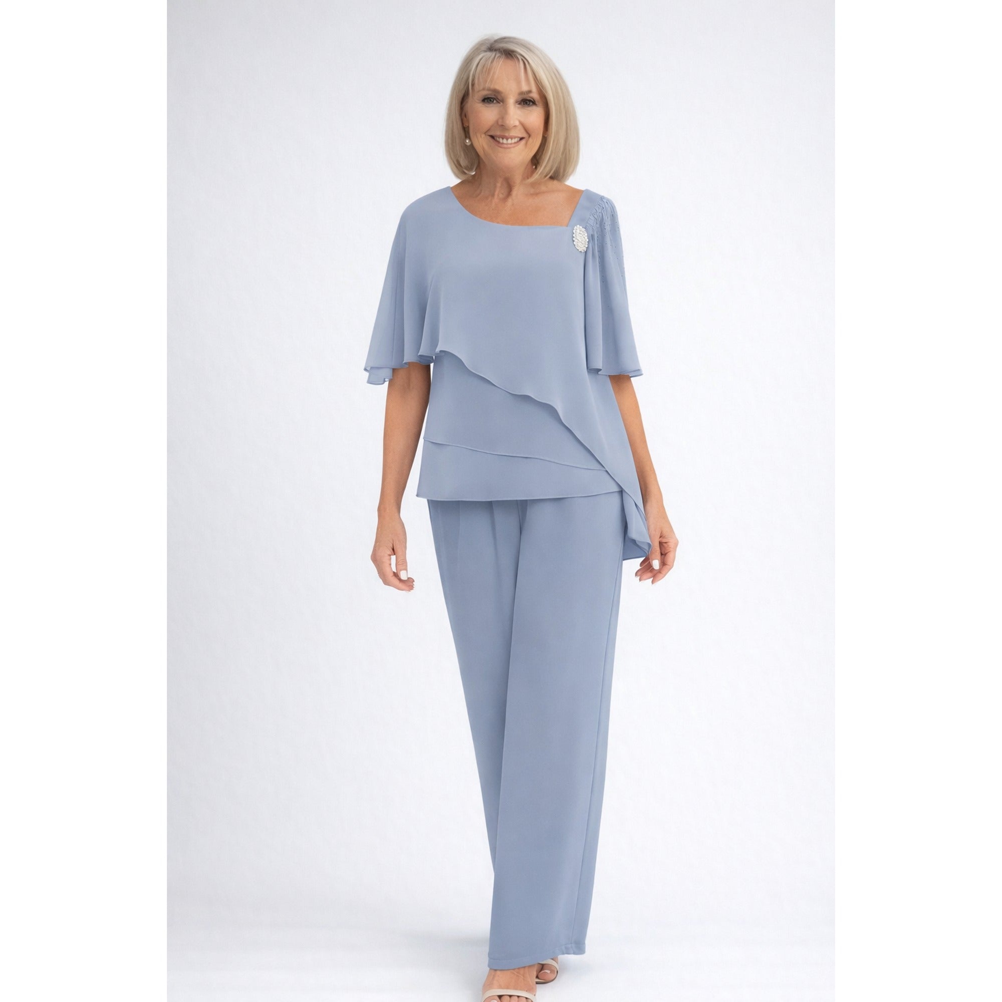 Thea | Chiffon Cape Top Trouser Two Piece Set - Formal Occasion - Light Blue