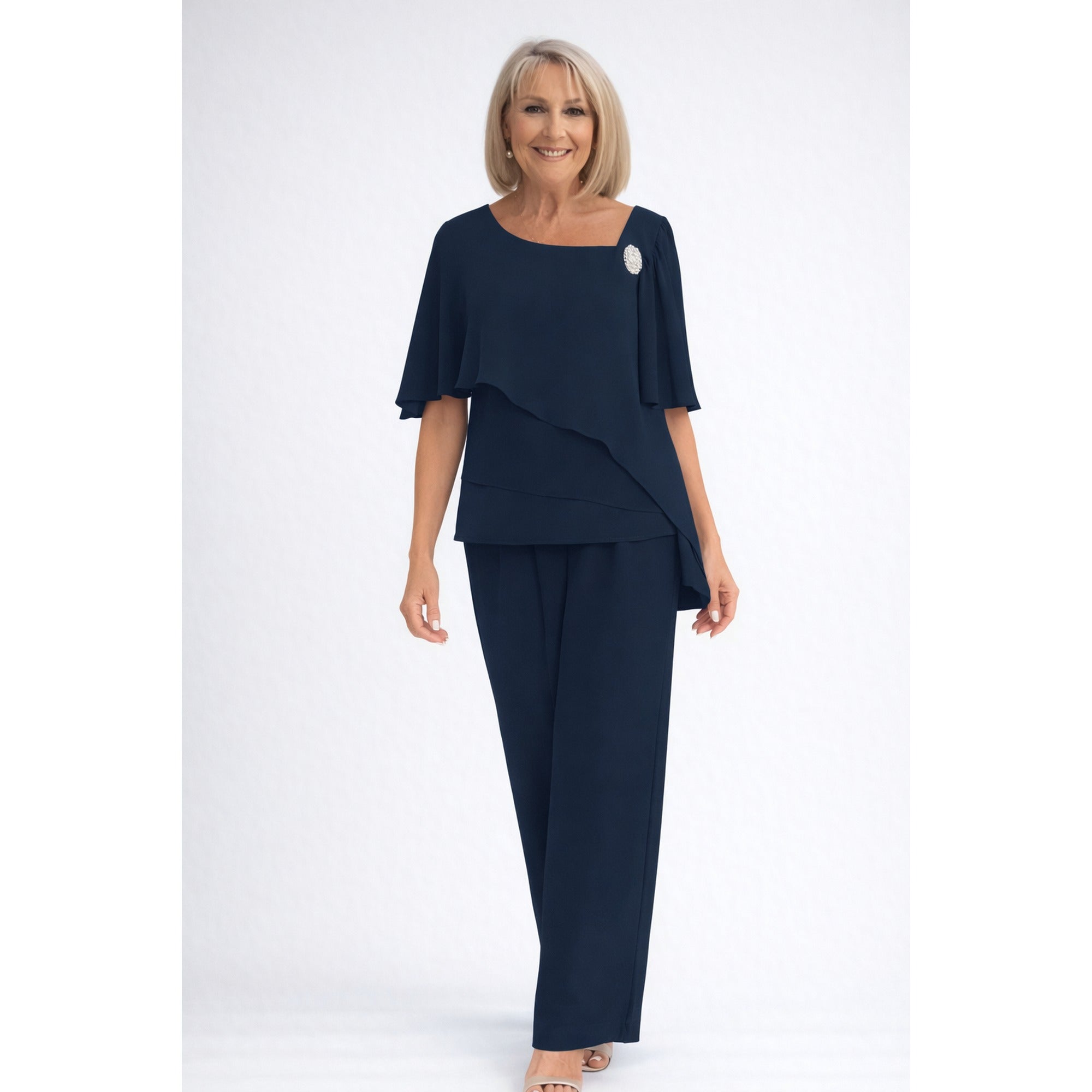 Orla | Chiffon Cape Top Trouser Two Piece Set - Formal Occasion - Navy Blue