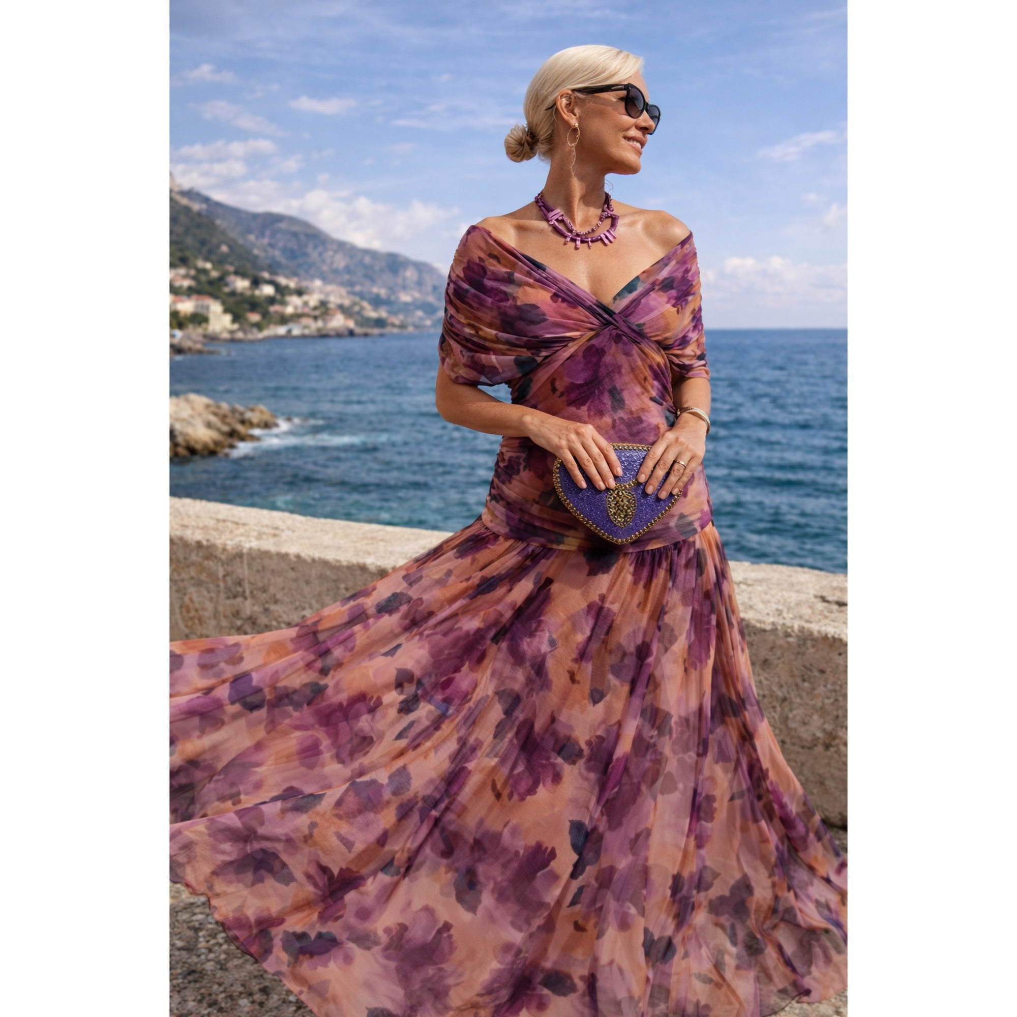 Ruby | Chiffon Maxi Dress with V-Neck and Ruched Waist - Purple Flower