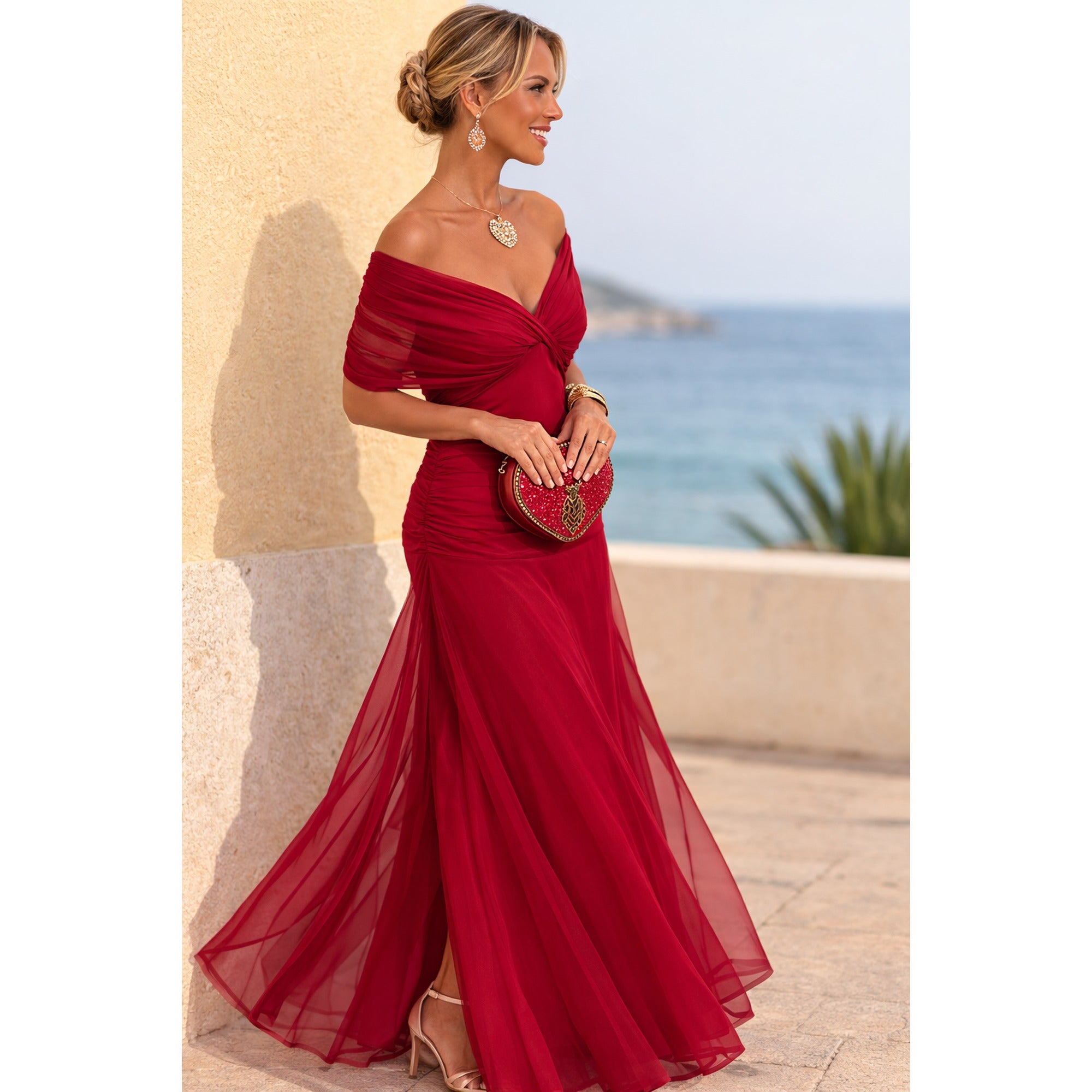 Ruby | Chiffon Maxi Dress with V-Neck and Ruched Waist - Red