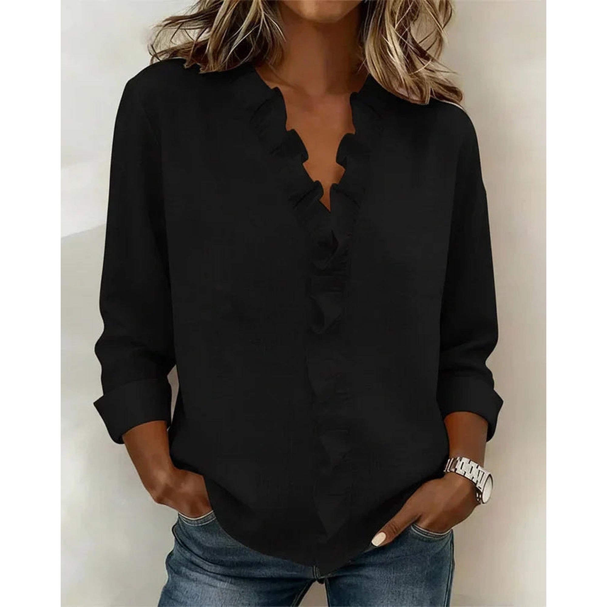 Sofia | Lightweight V-Neck Blouse - Black