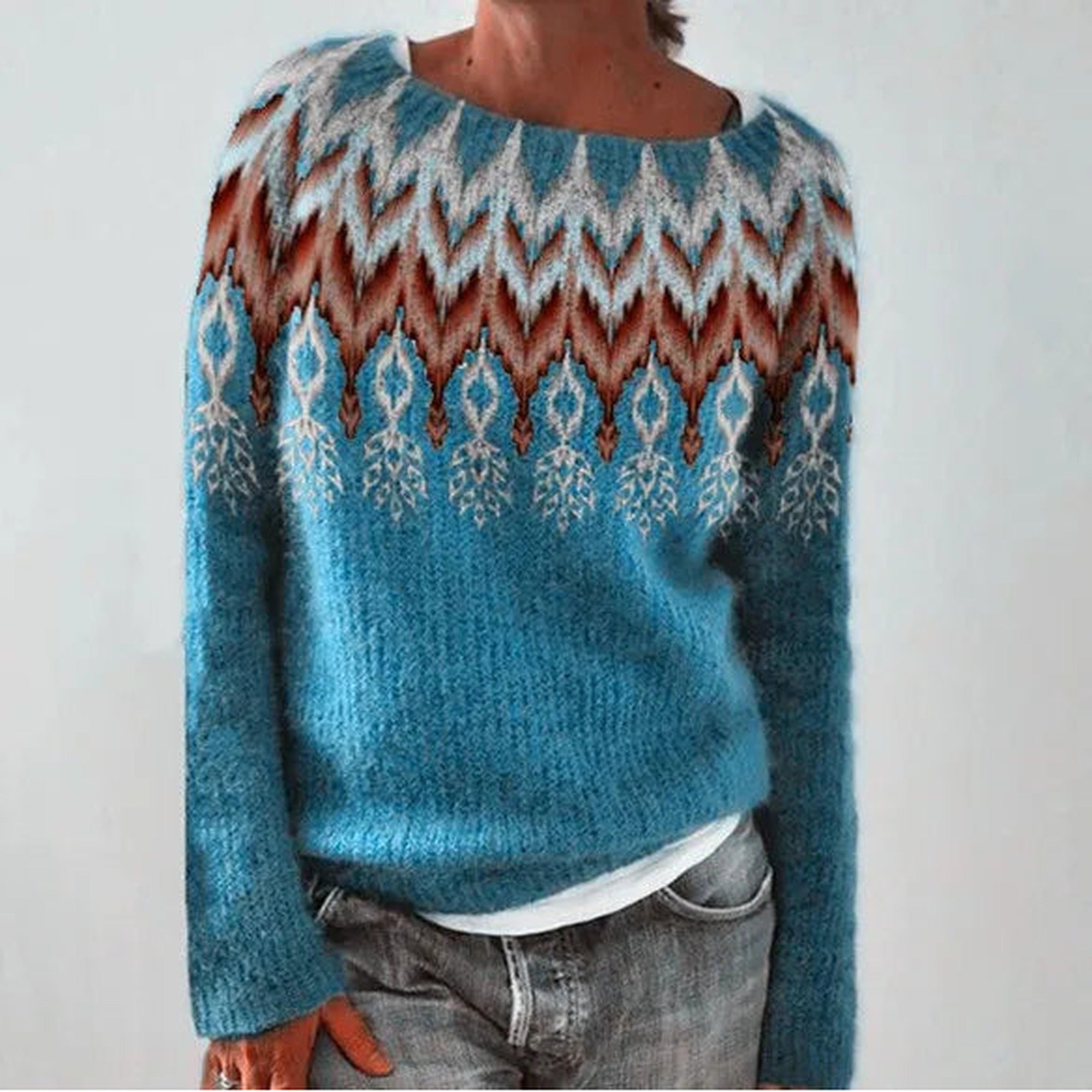 Iris | Crew Neck Fair Isle Sweater for Women - Blue Feather
