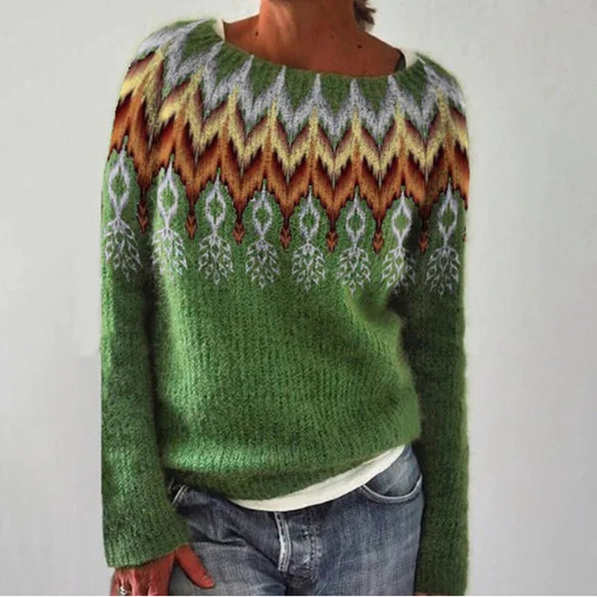 Iris | Crew Neck Fair Isle Sweater for Women - Green Feather