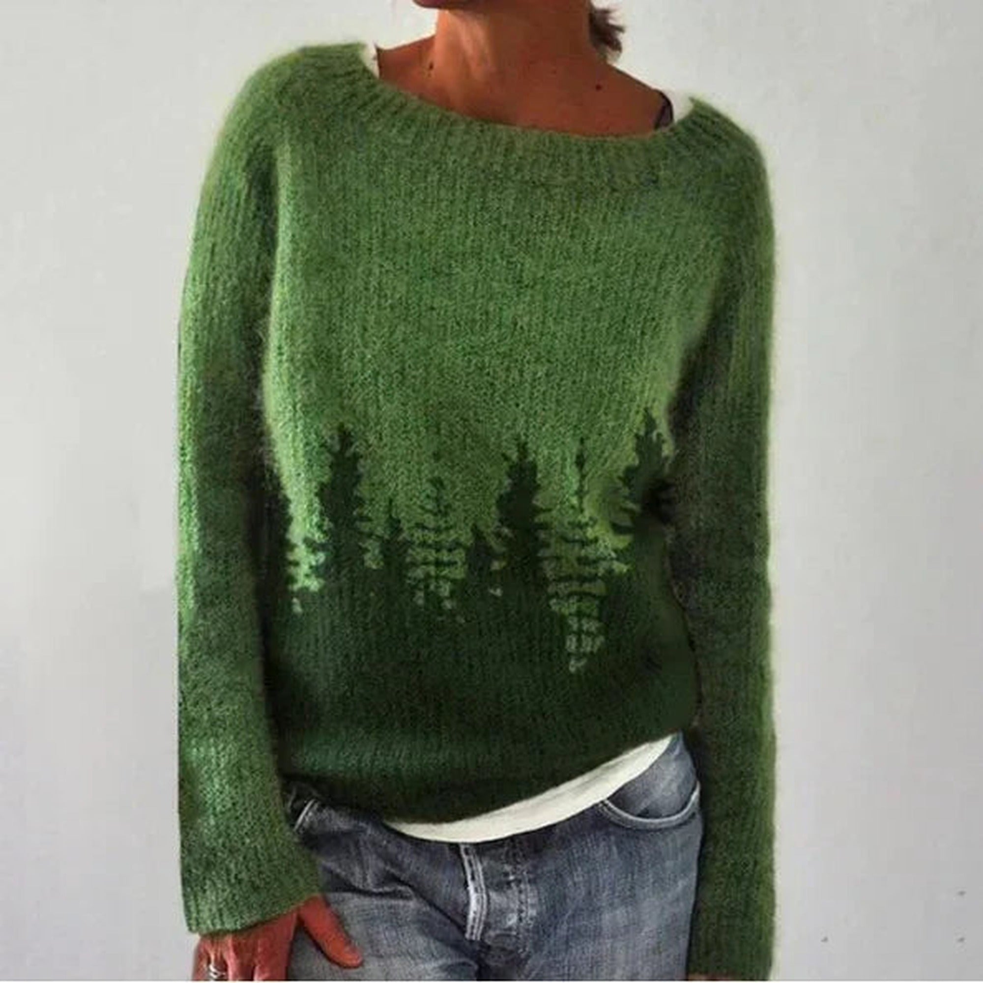 Iris | Crew Neck Fair Isle Sweater for Women - Green Silhouette