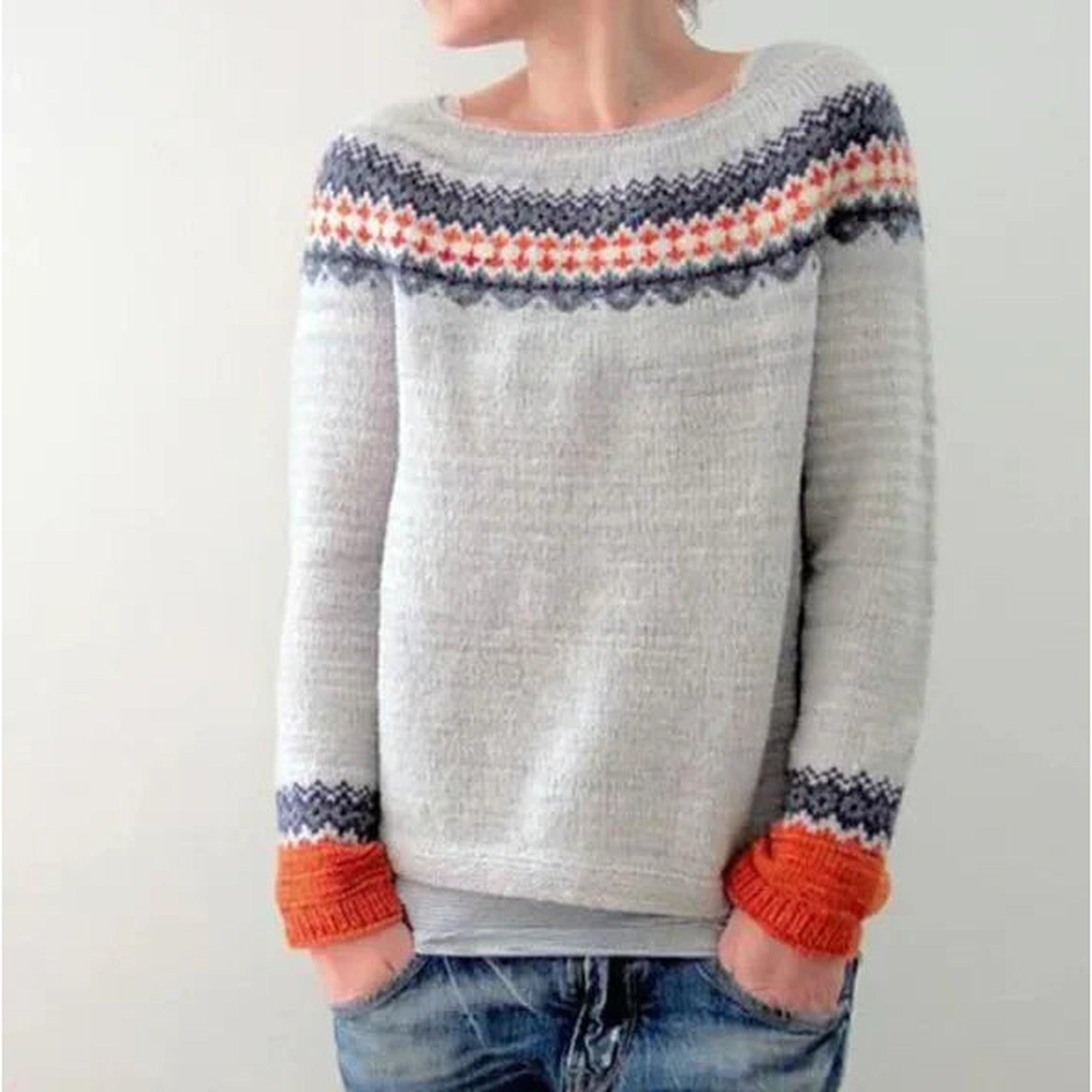 Iris | Crew Neck Fair Isle Sweater for Women - Light Gray