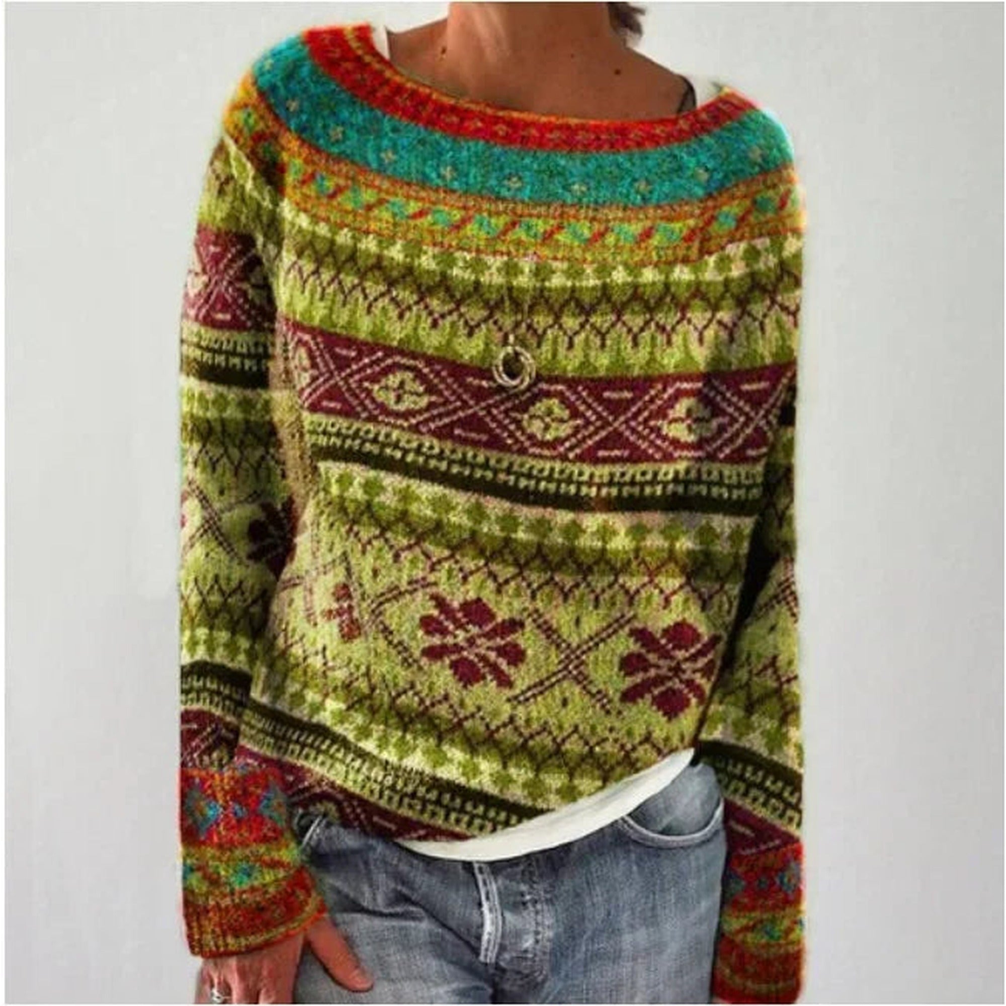 Iris | Crew Neck Fair Isle Sweater for Women - Yellow Green