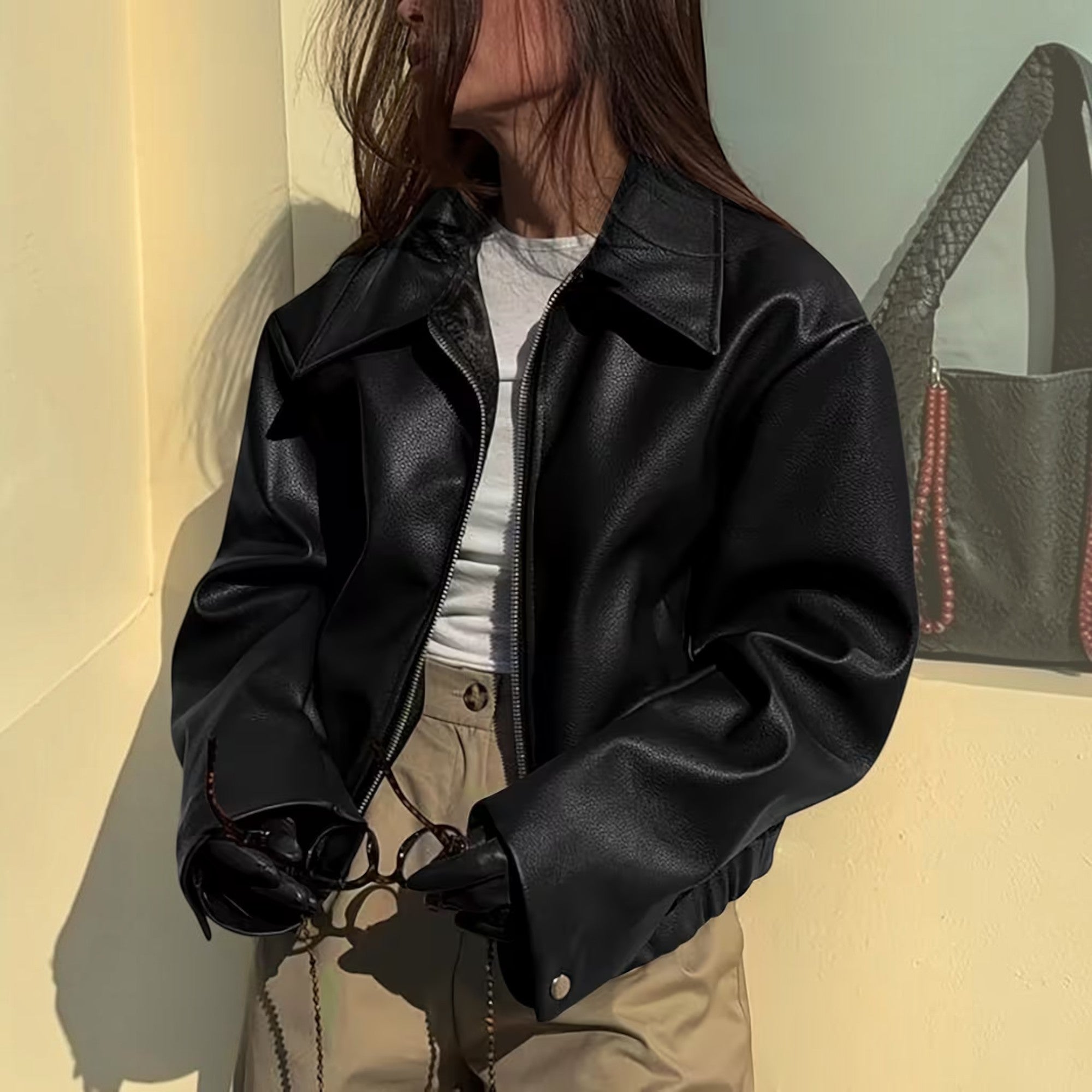 Ellmont London | Leather Jacket Women's Casual Moto Jacket with Lapel Collar