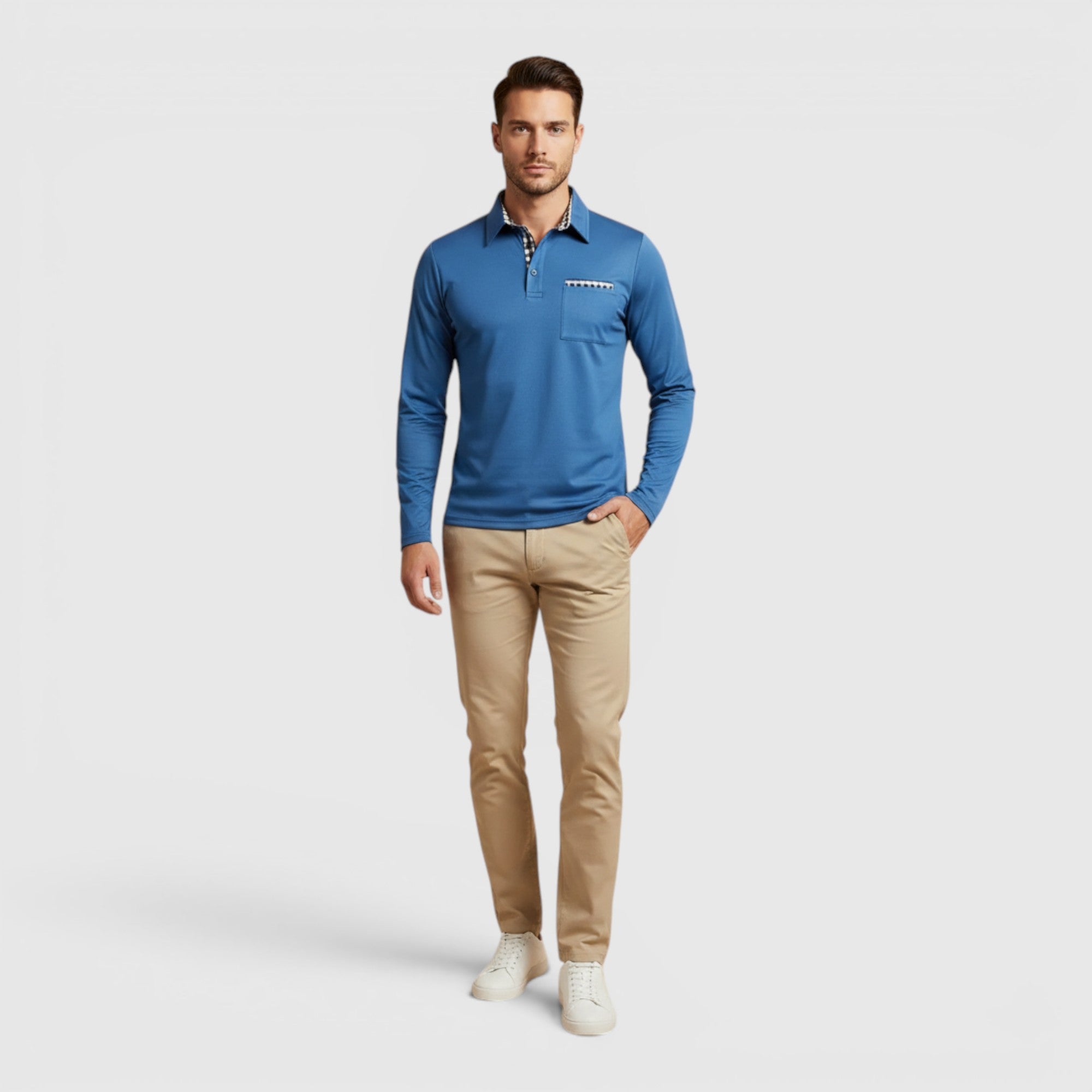 Ellmont London | Men's Polo Longsleeve V-Neck Sweater Quick-Dry Plaid Shirt