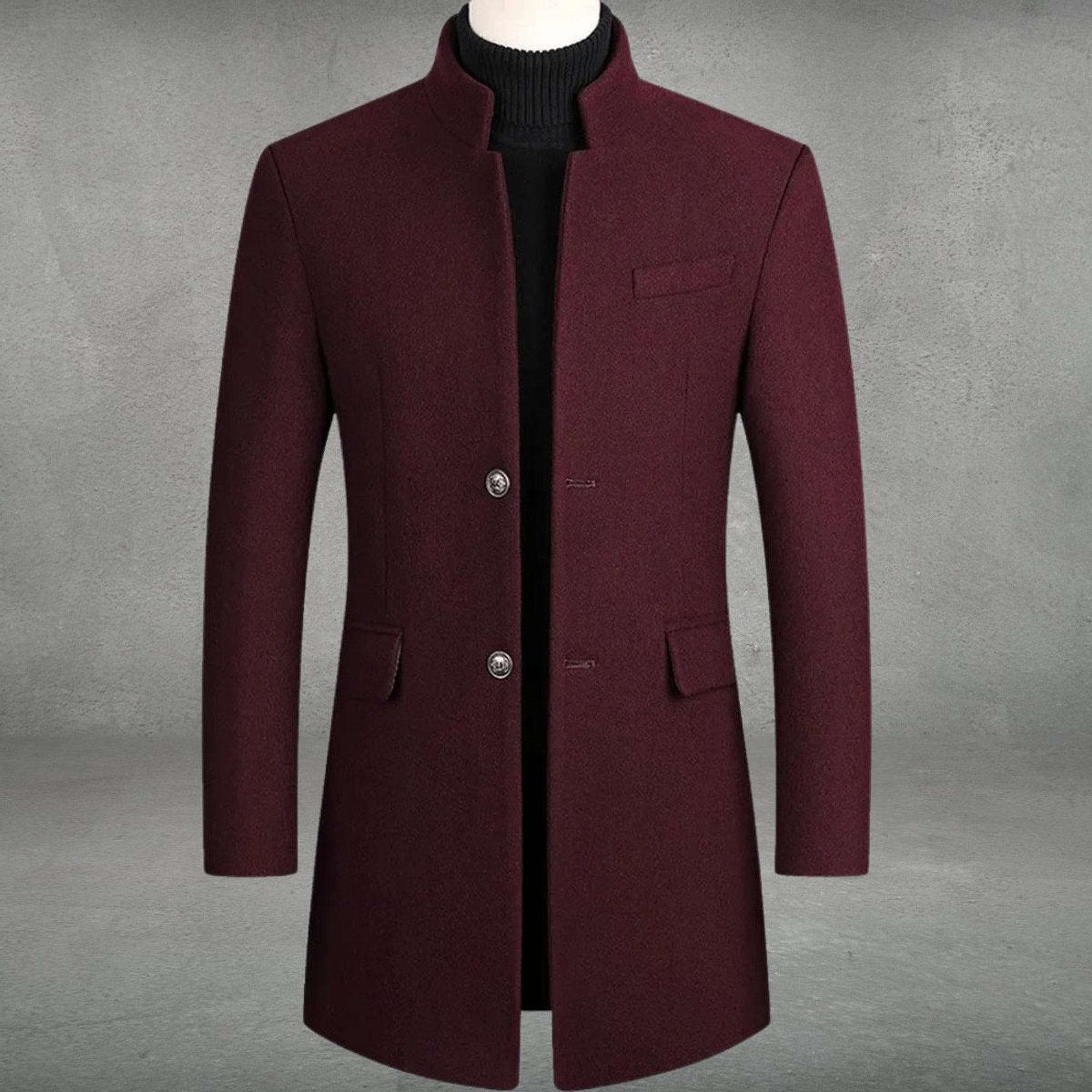 Ryan | Men's Slim-Fit Wool Blend Overcoat Long Mens Wool Coat Standing Collar - Burgundy