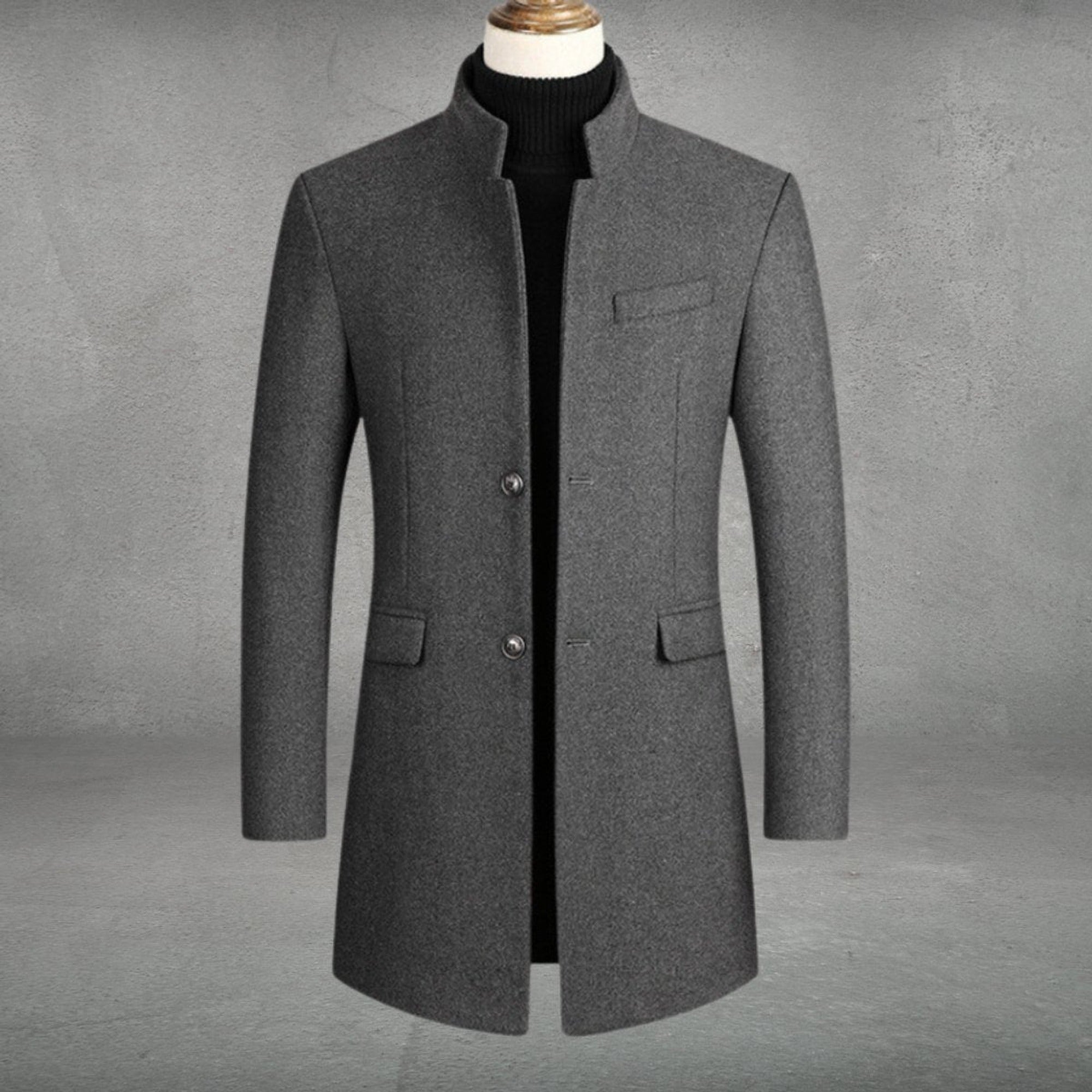Ryan | Men's Slim-Fit Wool Blend Overcoat Long Mens Wool Coat Standing Collar - Gray