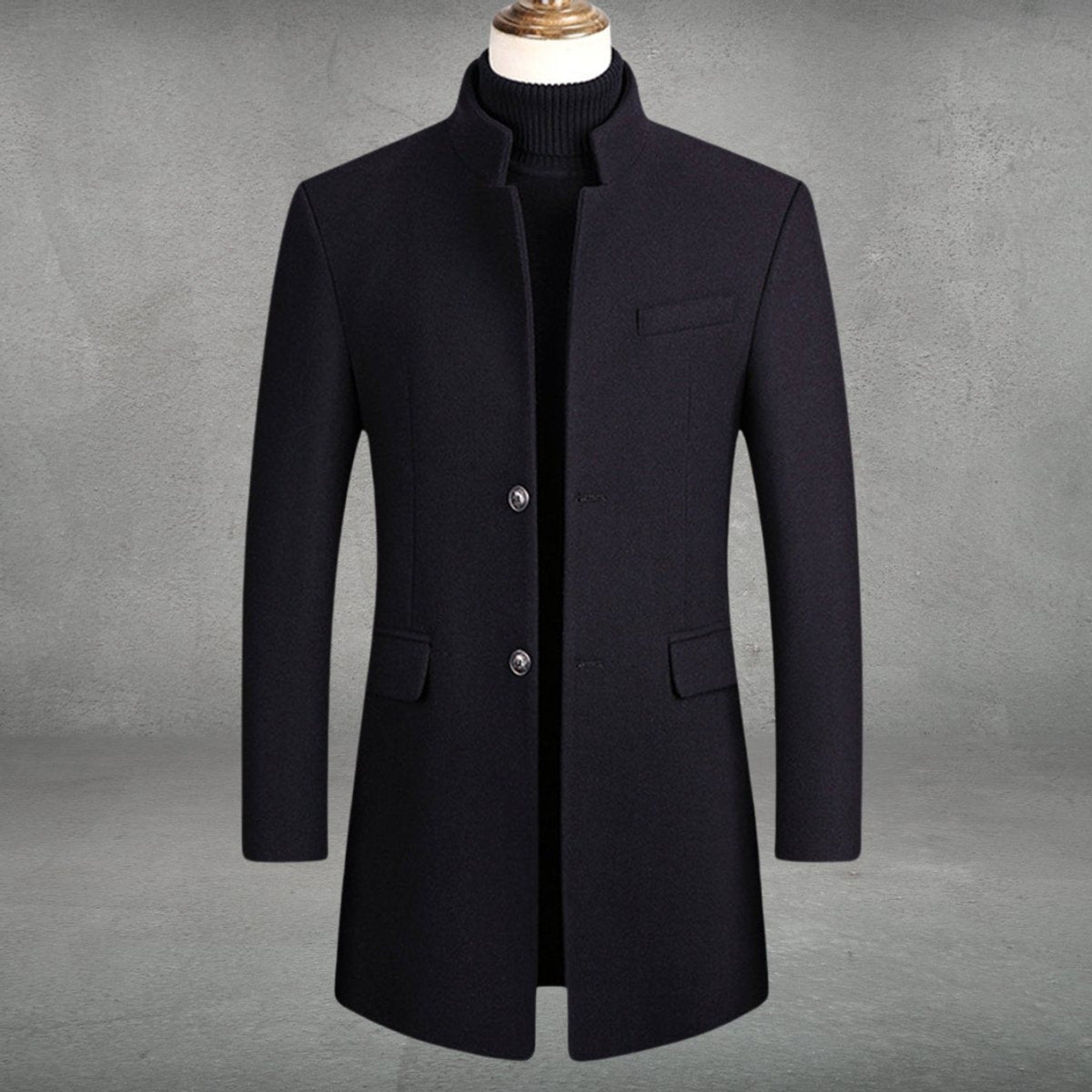 Ryan | Men's Slim-Fit Wool Blend Overcoat Long Mens Wool Coat Standing Collar - Navy Blue