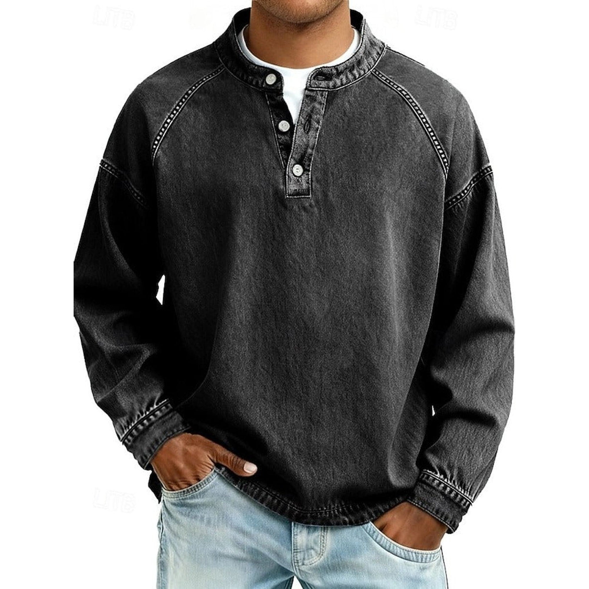 Lewis | Men's Vintage Washed Henley Pullover Mens Knit Sweater Long Sleeve - Black