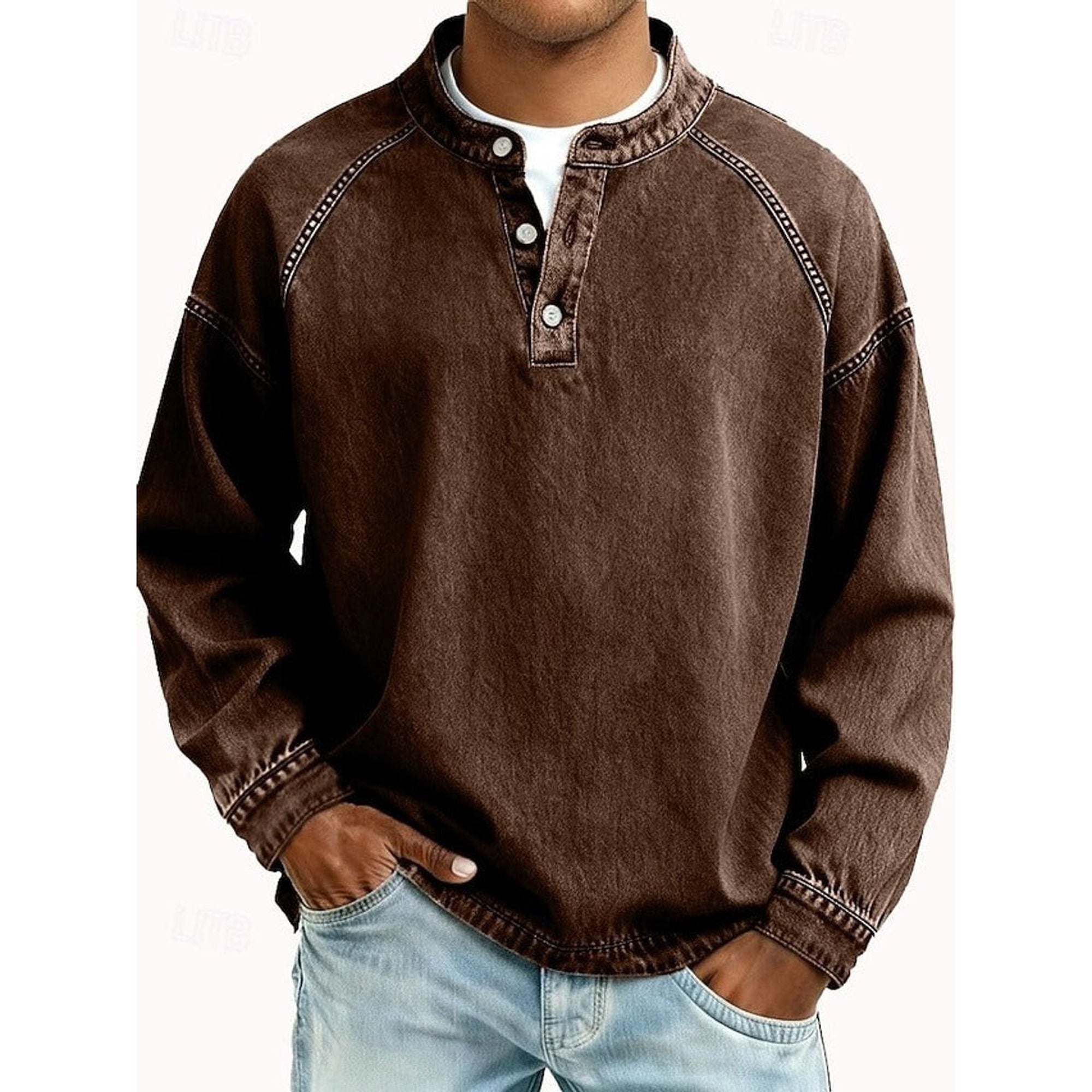 Lewis | Men's Vintage Washed Henley Pullover Mens Knit Sweater Long Sleeve - Brown