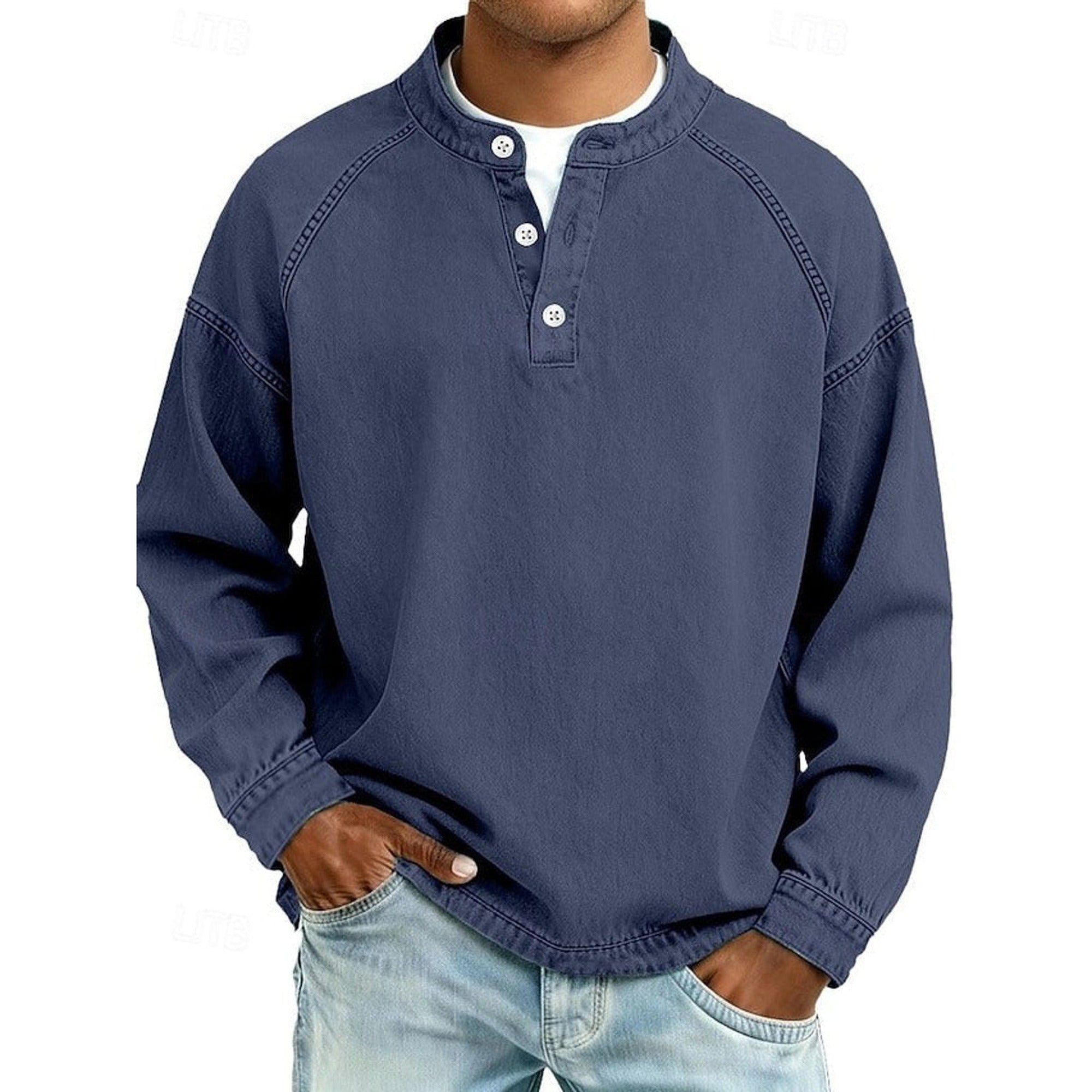 Lewis | Men's Vintage Washed Henley Pullover Mens Knit Sweater Long Sleeve - Dark Blue