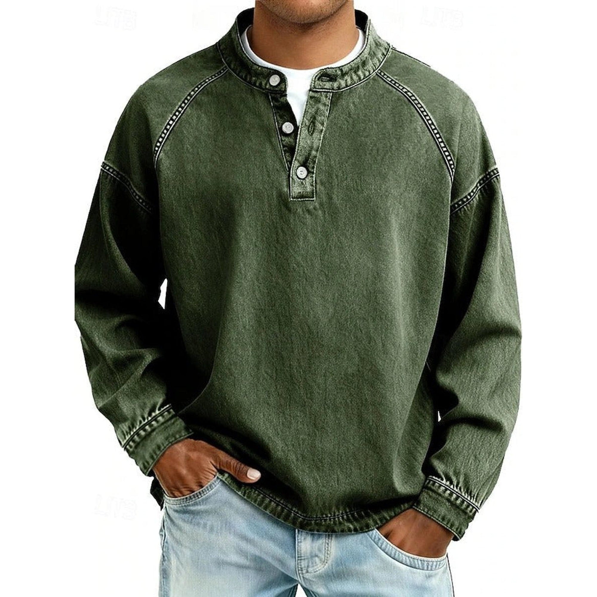 Lewis | Men's Vintage Washed Henley Pullover Mens Knit Sweater Long Sleeve - Dark Green