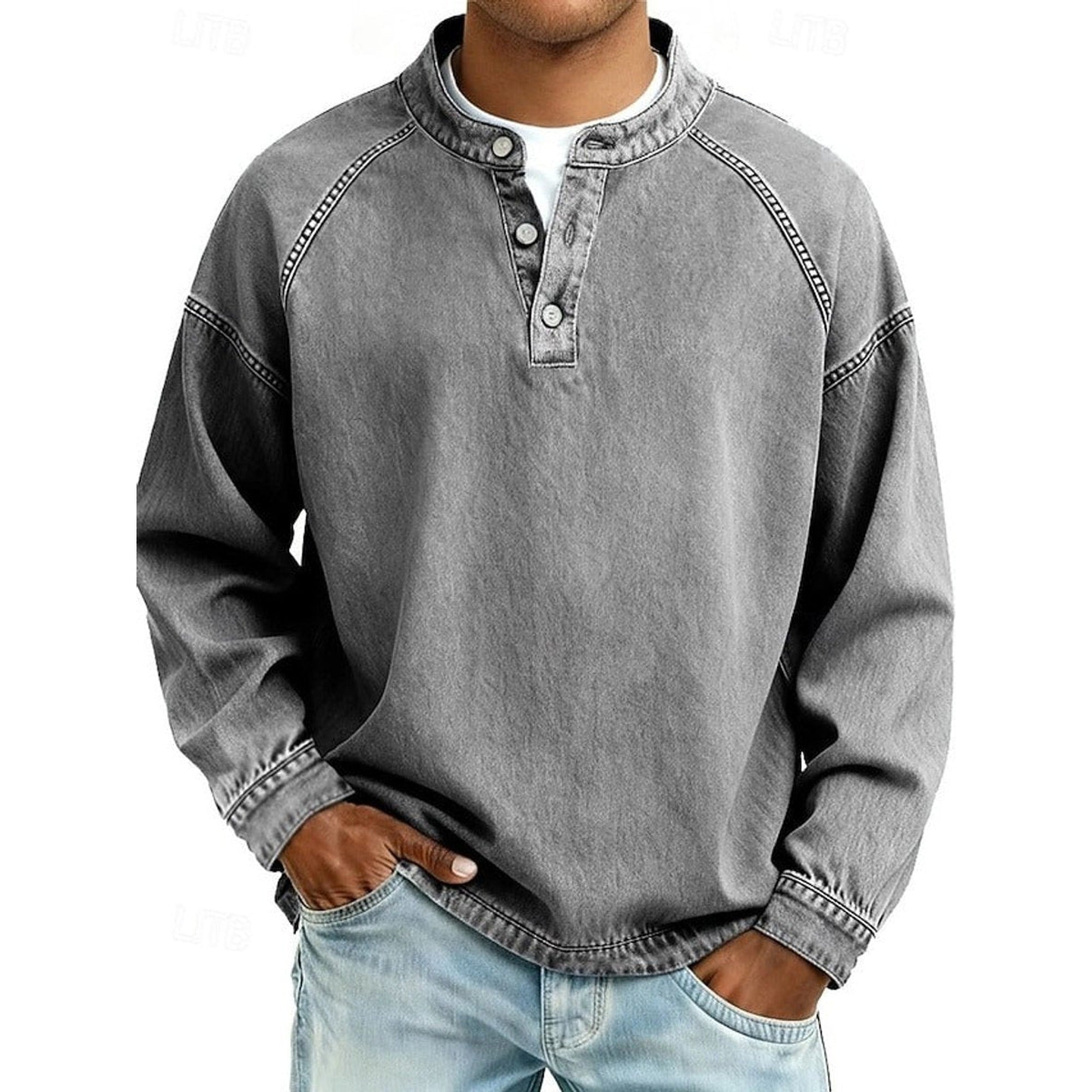Lewis | Men's Vintage Washed Henley Pullover Mens Knit Sweater Long Sleeve - Gray