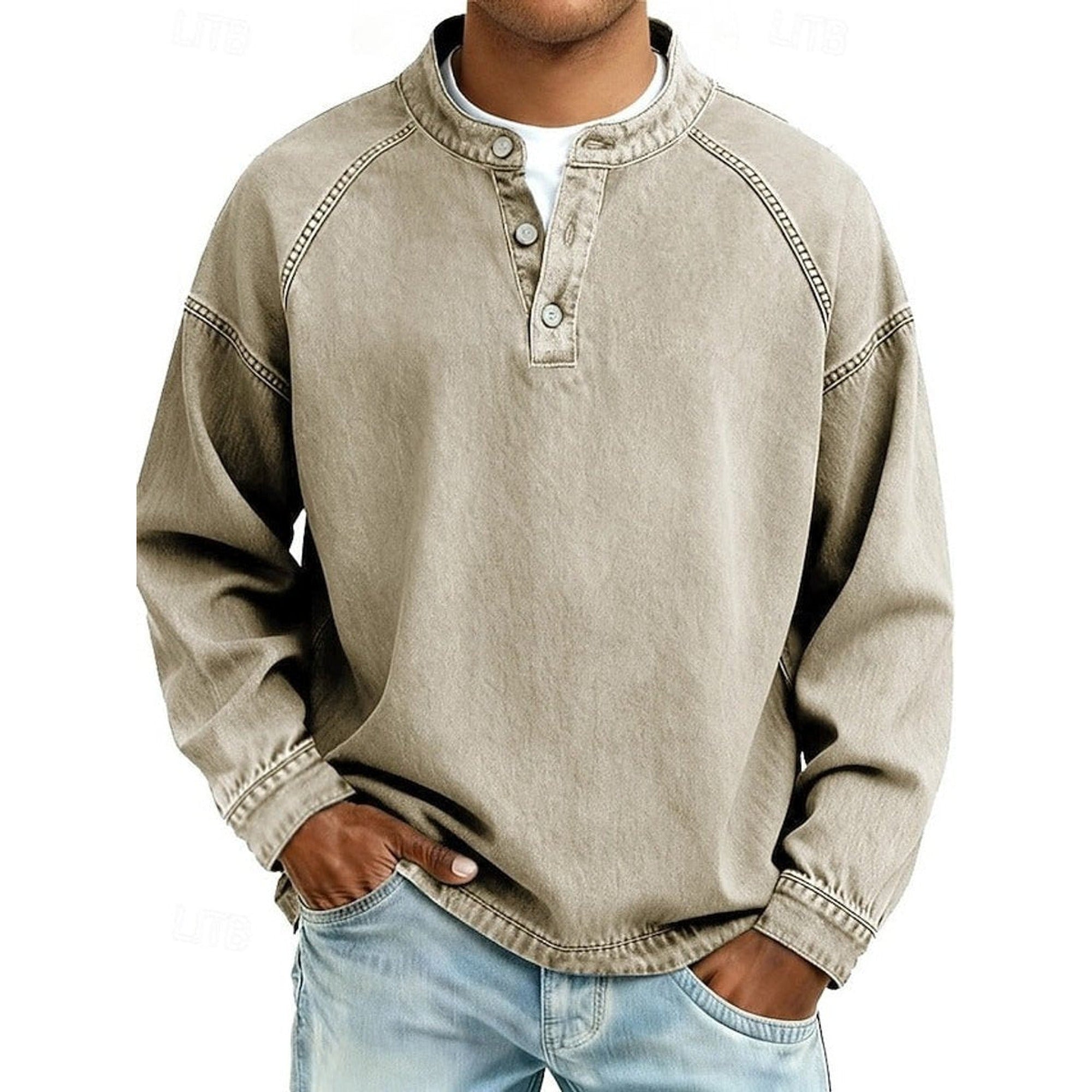 Lewis | Men's Vintage Washed Henley Pullover Mens Knit Sweater Long Sleeve - Khaki