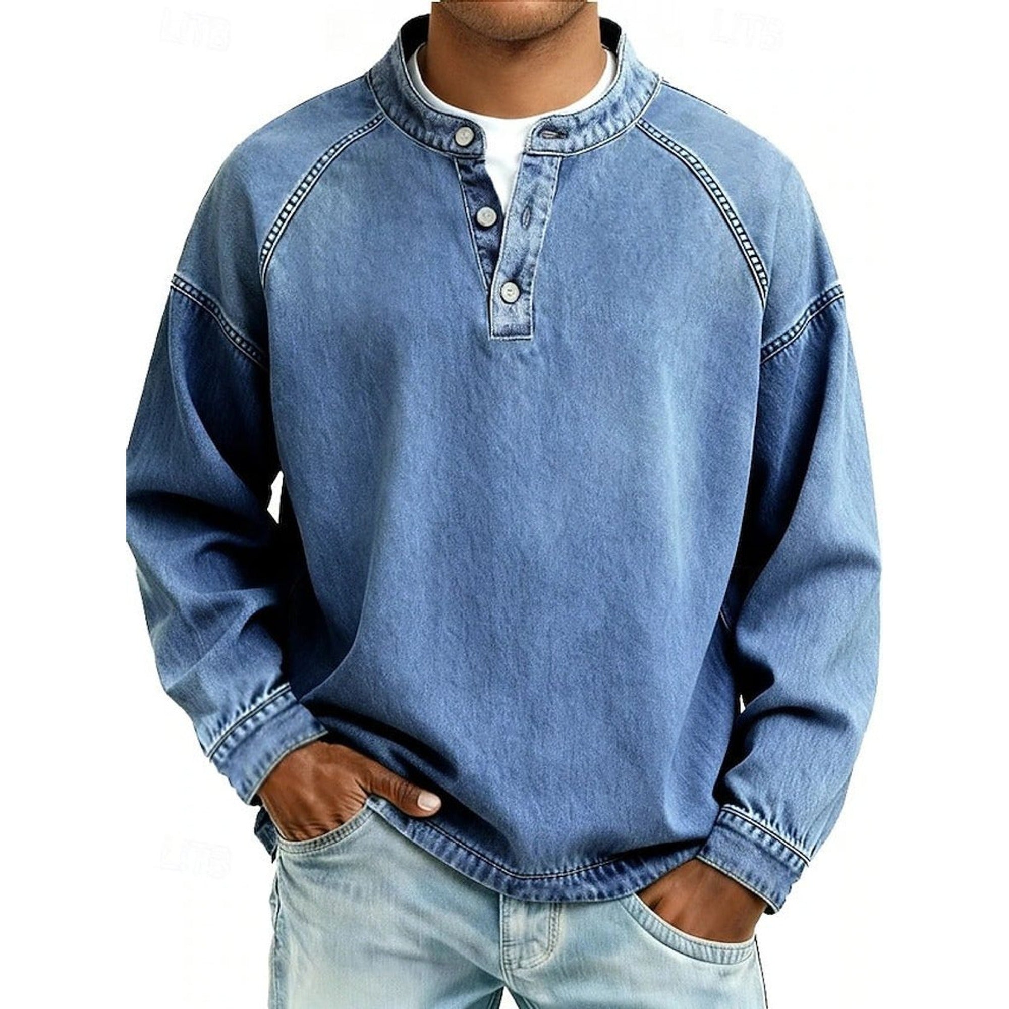 Lewis | Men's Vintage Washed Henley Pullover Mens Knit Sweater Long Sleeve - Light Blue