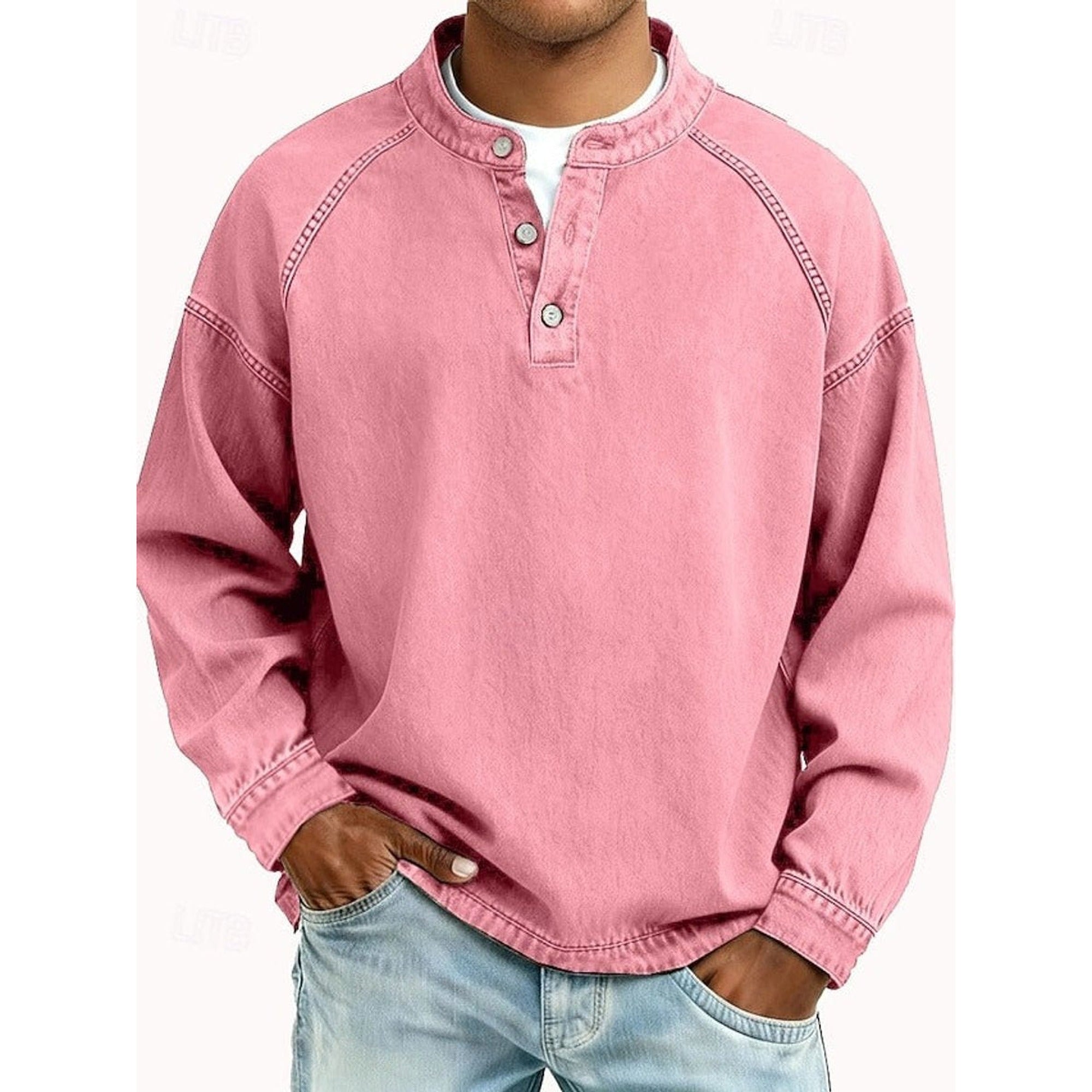 Lewis | Men's Vintage Washed Henley Pullover Mens Knit Sweater Long Sleeve - Pink
