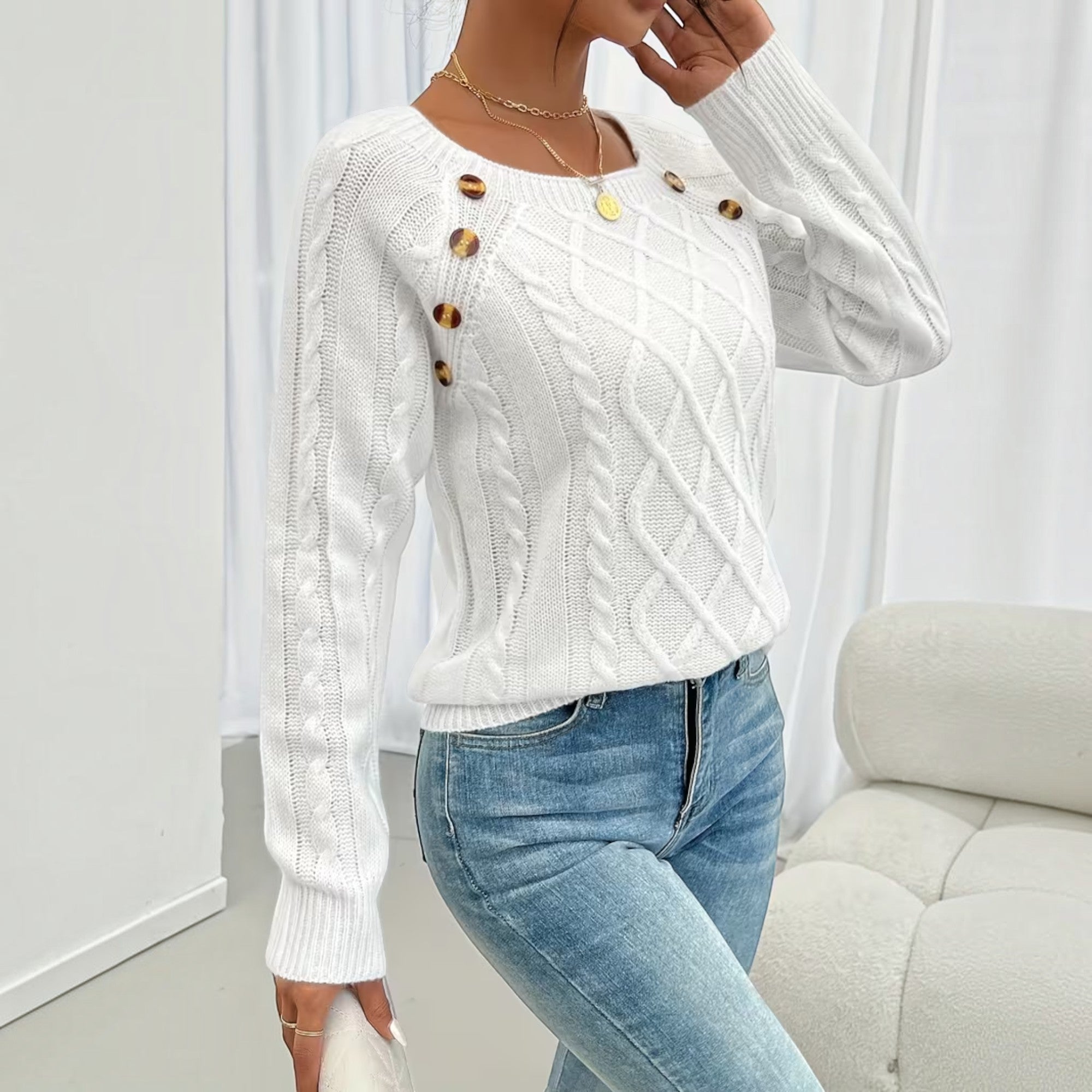 Ellmont London | Women's Soft Knit Sweater Pullover with Button Detail
