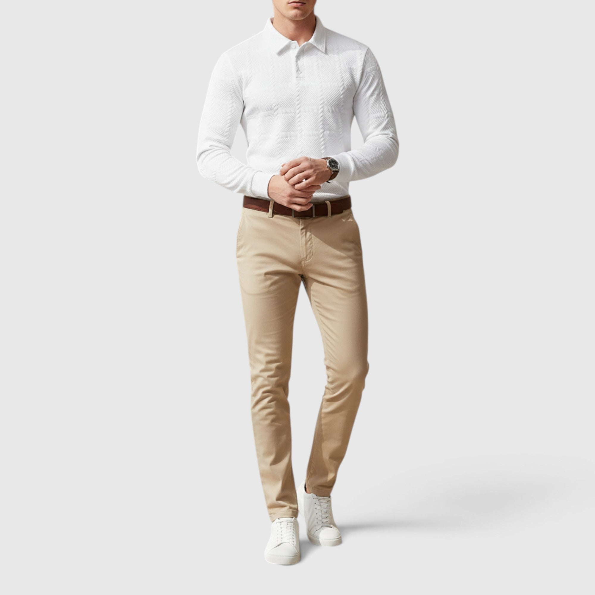 Lewis | Men's Textured Polo Shirt Casual Knit Long Sleeve for Daily Wear