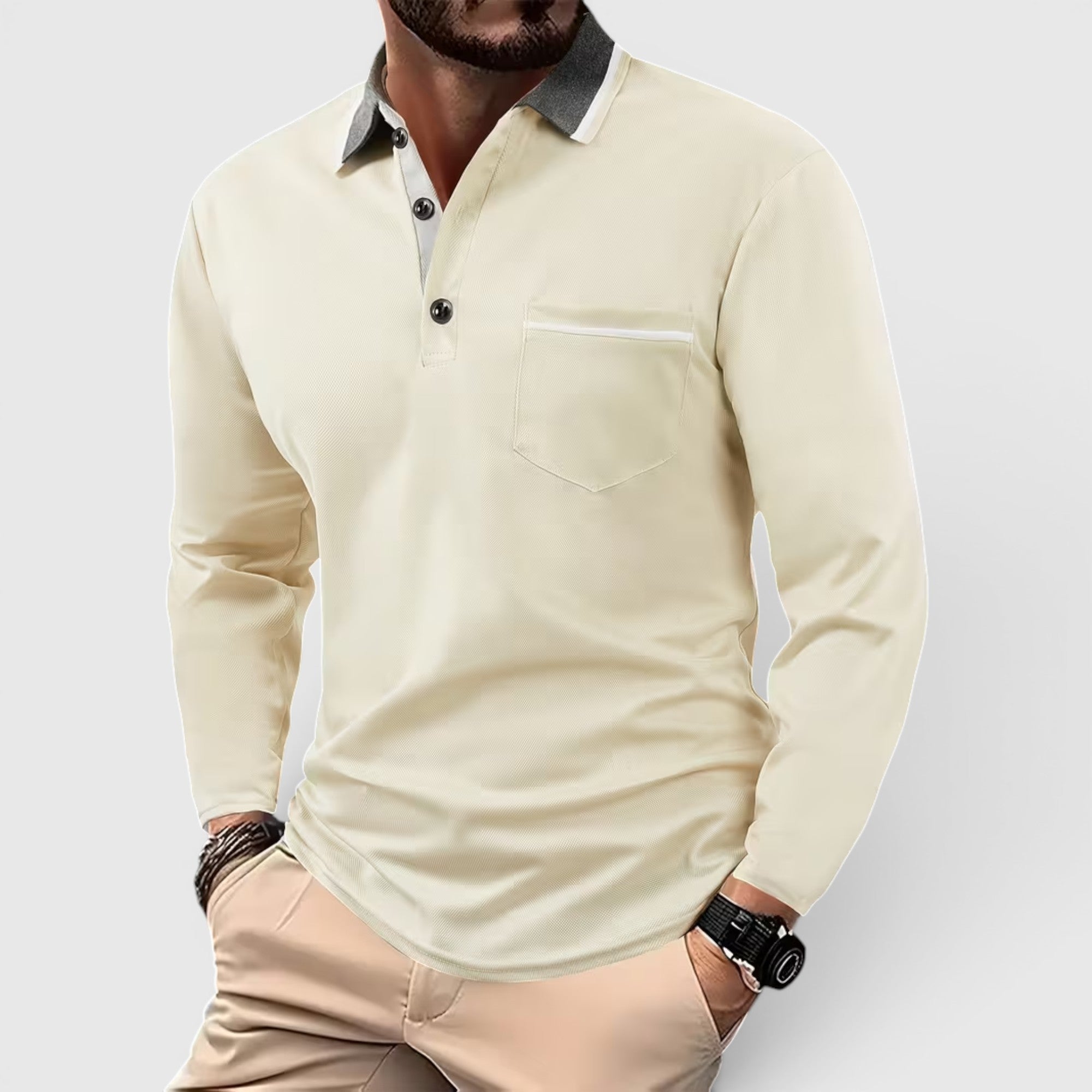 Edmund | Men's Long Sleeve Polo Shirt Contrast Collar Regular Fit Button Up