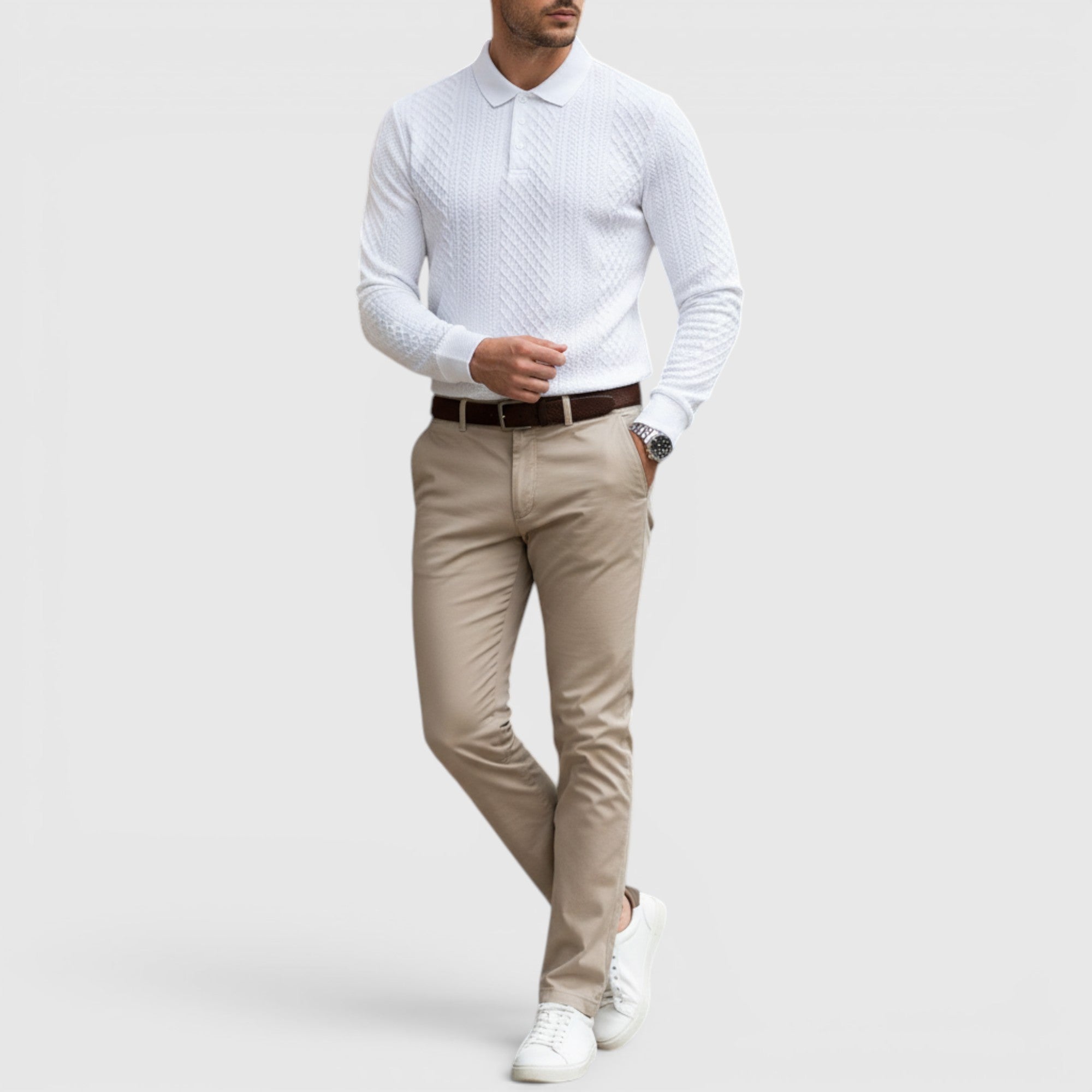Karl | Men's Long Sleeve Jacquard Polo Shirt Crewneck Sweater Look