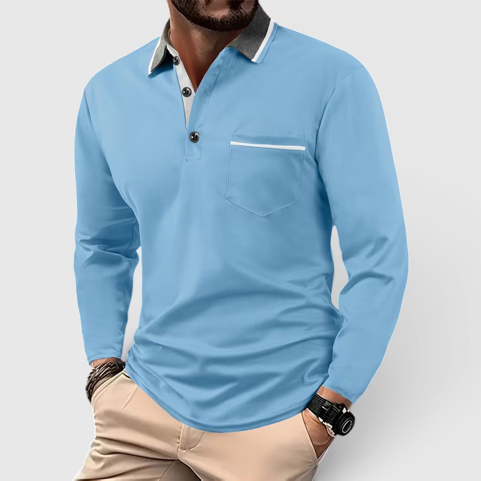 Edmund | Men's Long Sleeve Polo Shirt Contrast Collar Regular Fit Button Up
