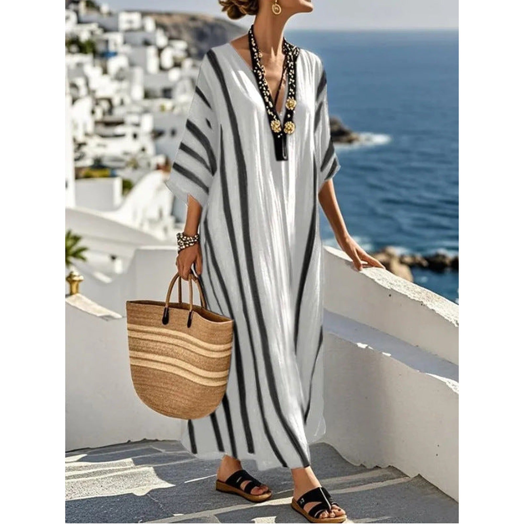 Isla | Elegant Mediterranean Long Kaftan Dress - Black and White