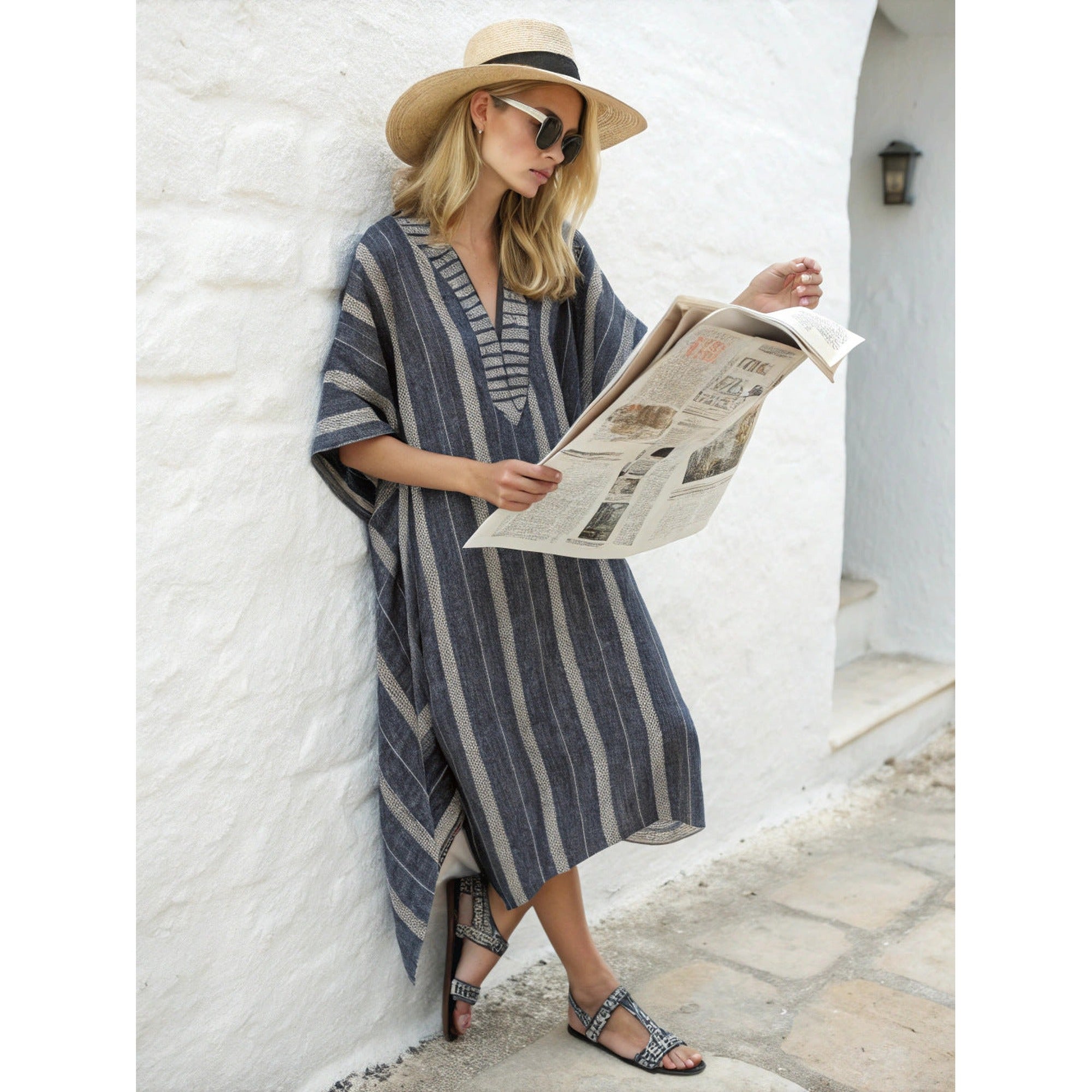 Isla | Elegant Mediterranean Long Kaftan Dress - Ethnic Indigo Blue