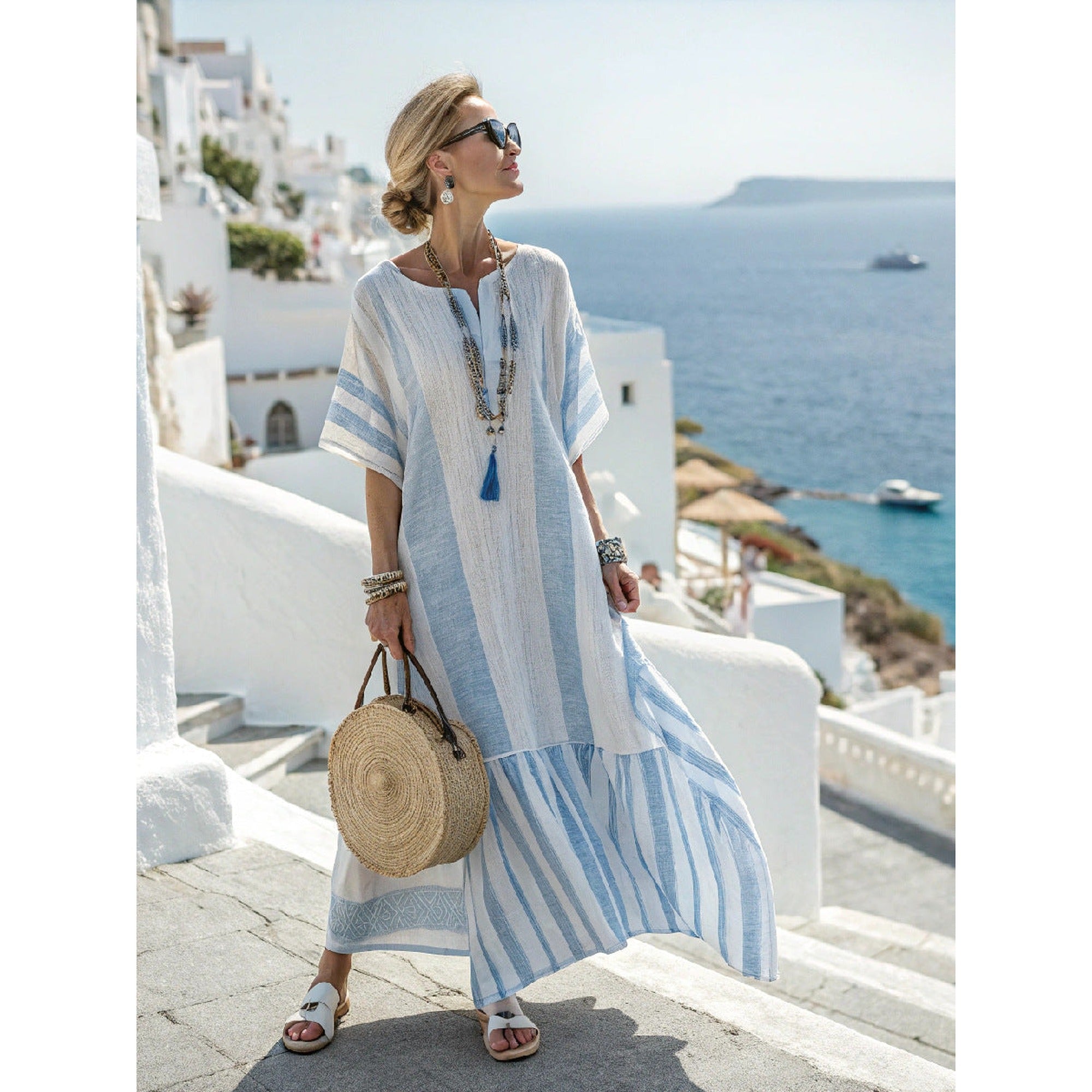 Isla | Elegant Mediterranean Long Kaftan Dress - Mediterranean Sky Blue