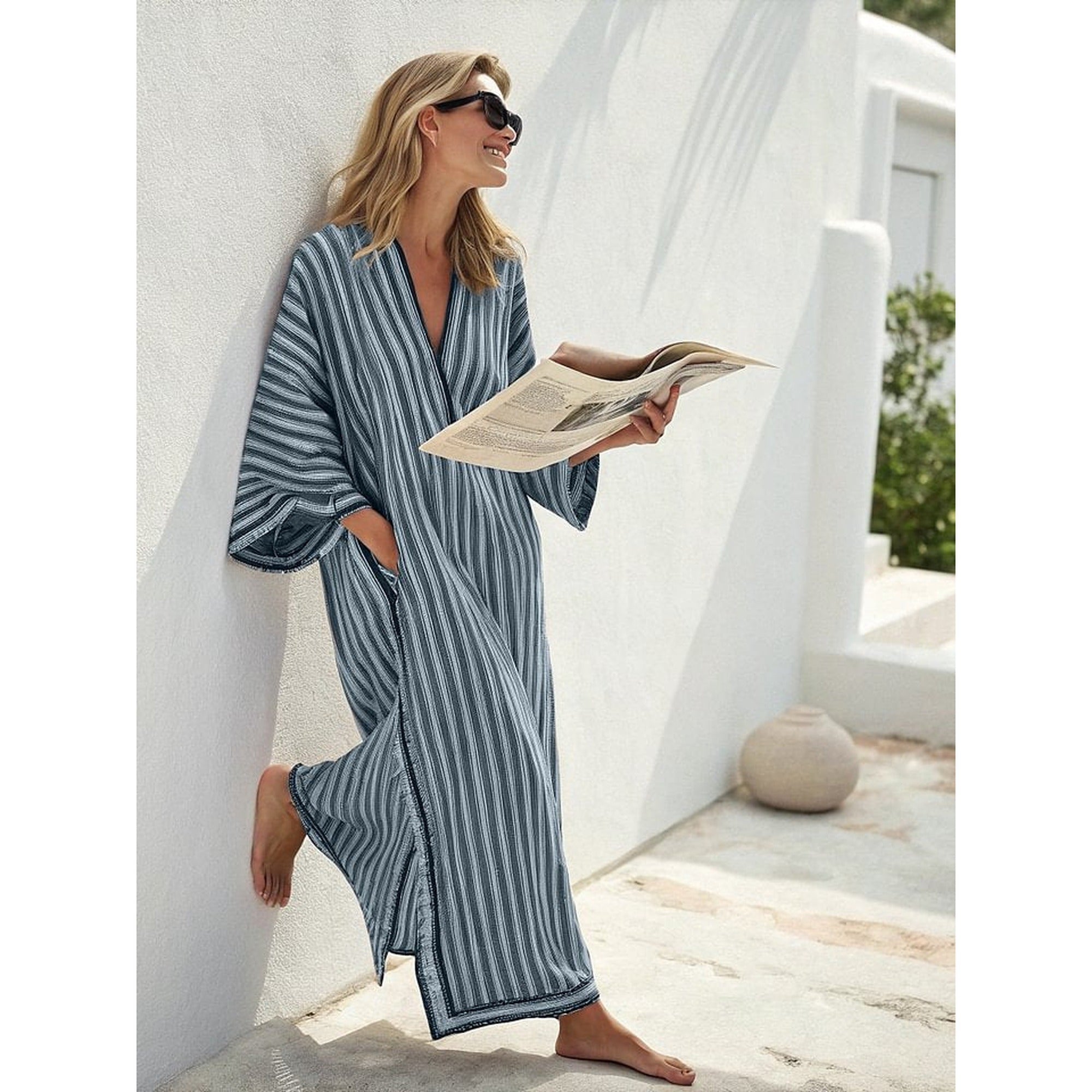Isla | Elegant Mediterranean Long Kaftan Dress - Striped Blue