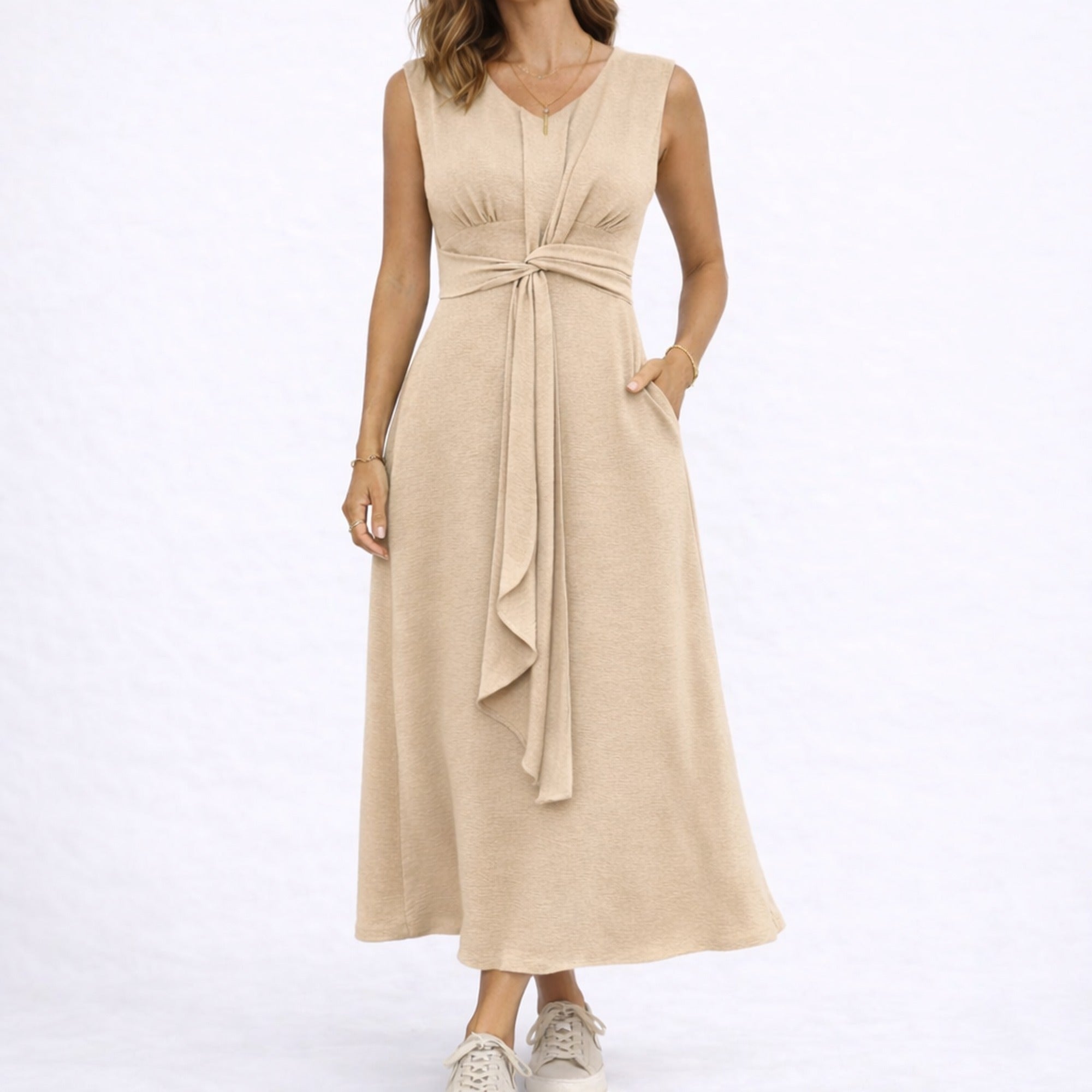 Nina | Elegant Sleeveless Midi Dress with Waist Tie Detail - Beige