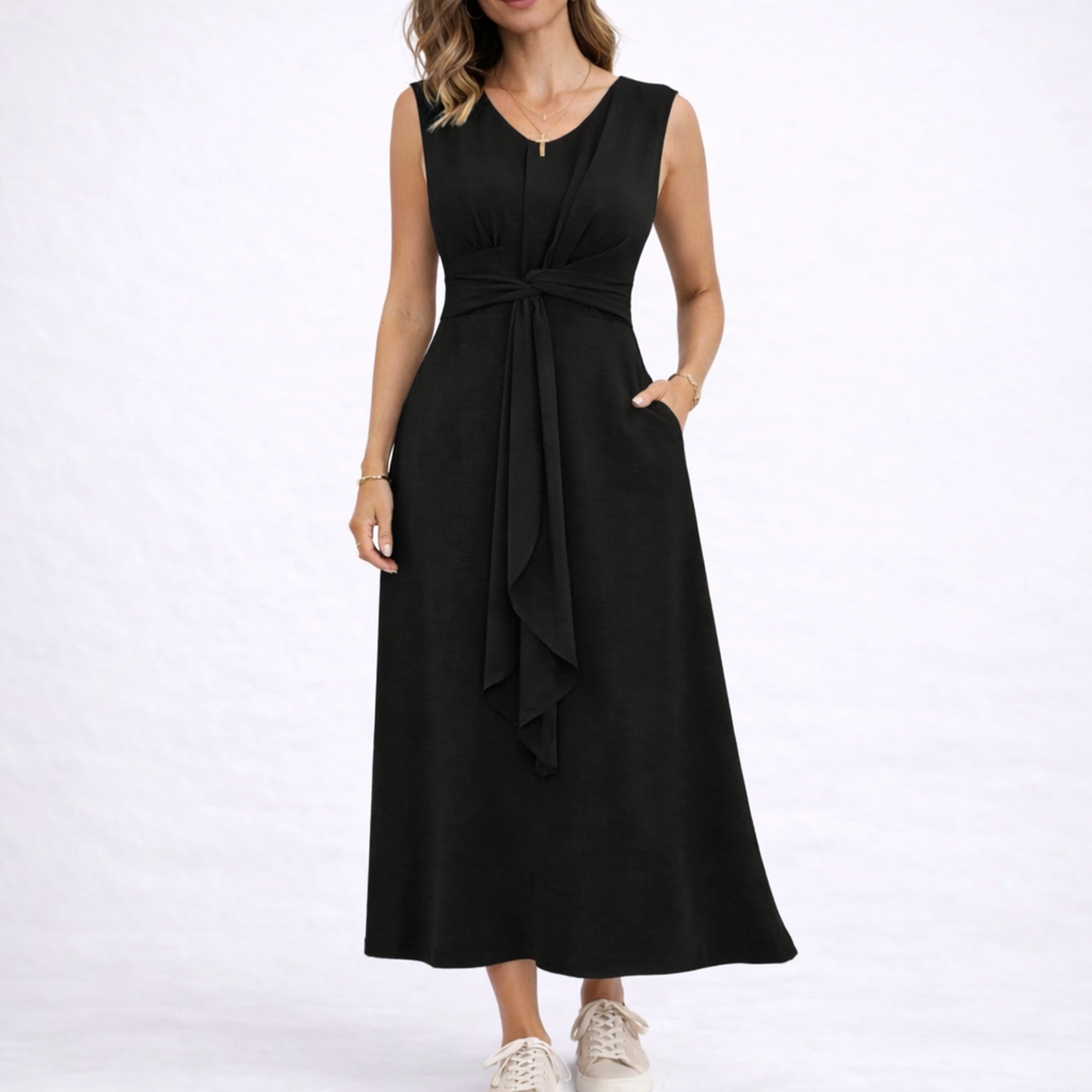 Nina | Elegant Sleeveless Midi Dress with Waist Tie Detail - Black