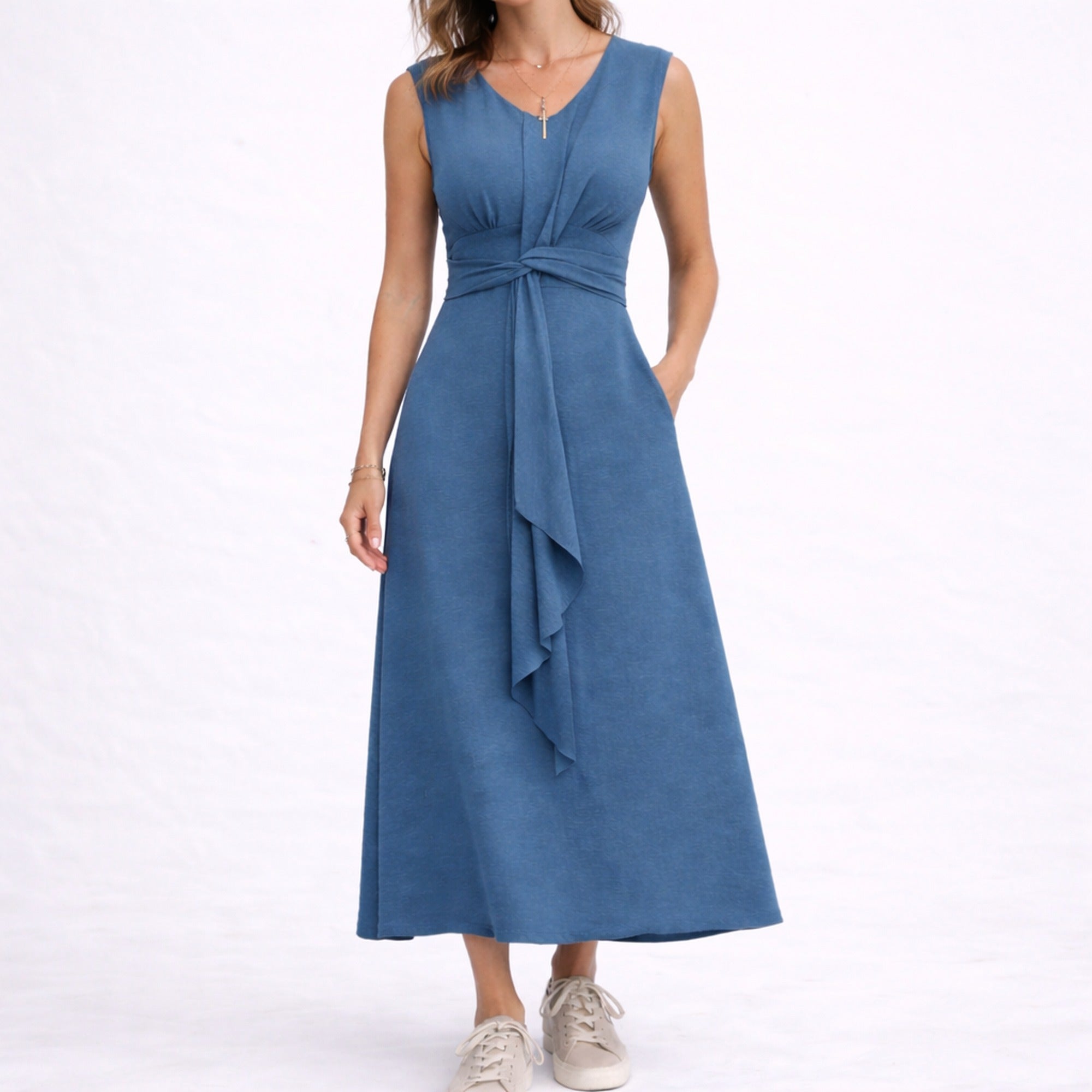 Nina | Elegant Sleeveless Midi Dress with Waist Tie Detail - Blue