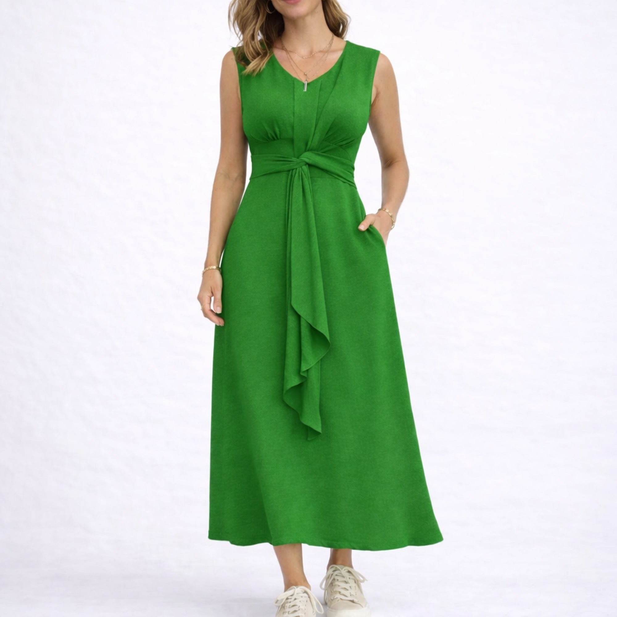 Nina | Elegant Sleeveless Midi Dress with Waist Tie Detail - Green
