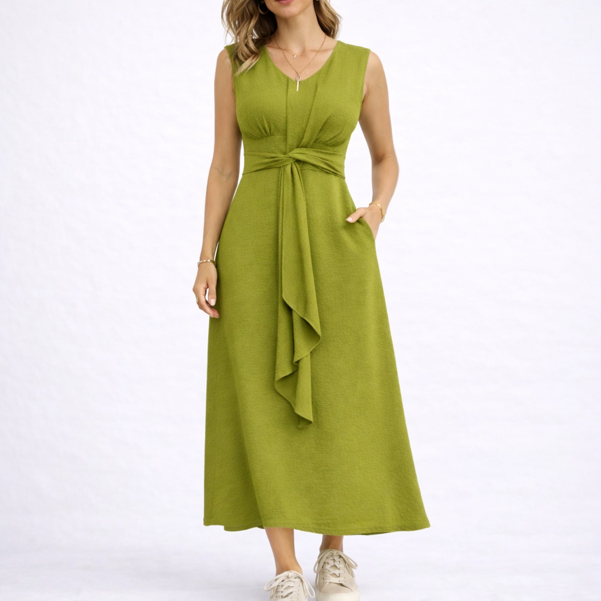 Nina | Elegant Sleeveless Midi Dress with Waist Tie Detail - Light green