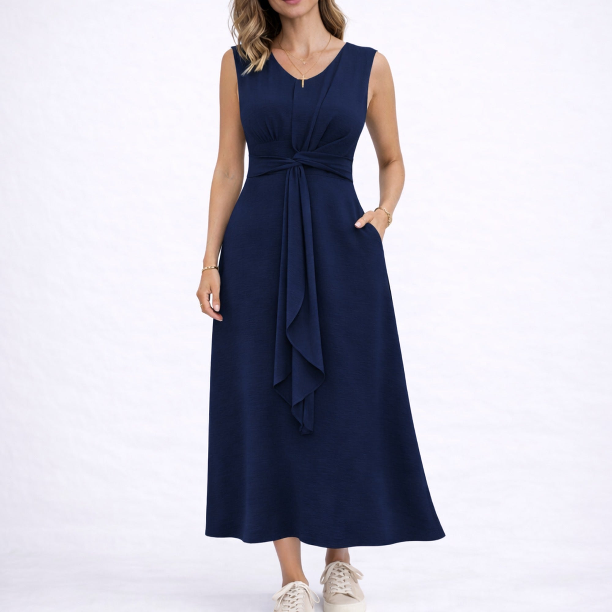 Nina | Elegant Sleeveless Midi Dress with Waist Tie Detail - Navy