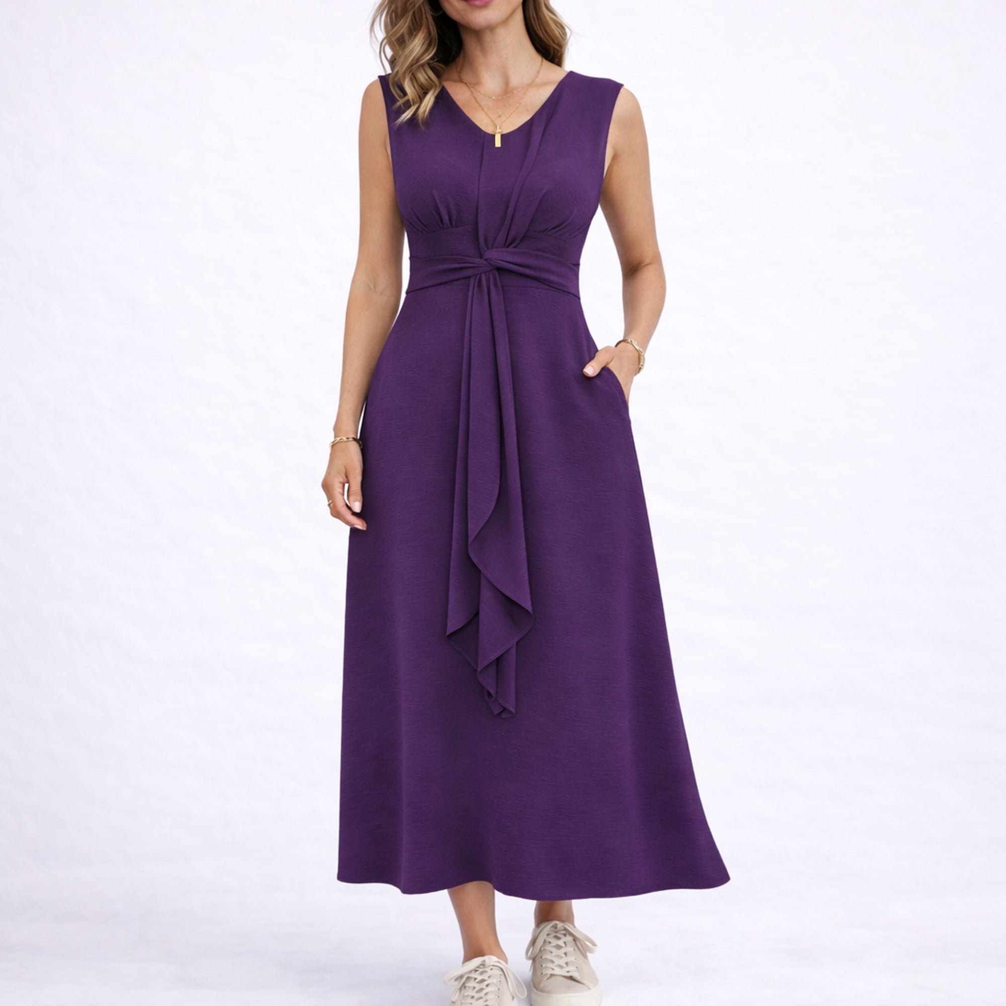 Nina | Elegant Sleeveless Midi Dress with Waist Tie Detail - Purple