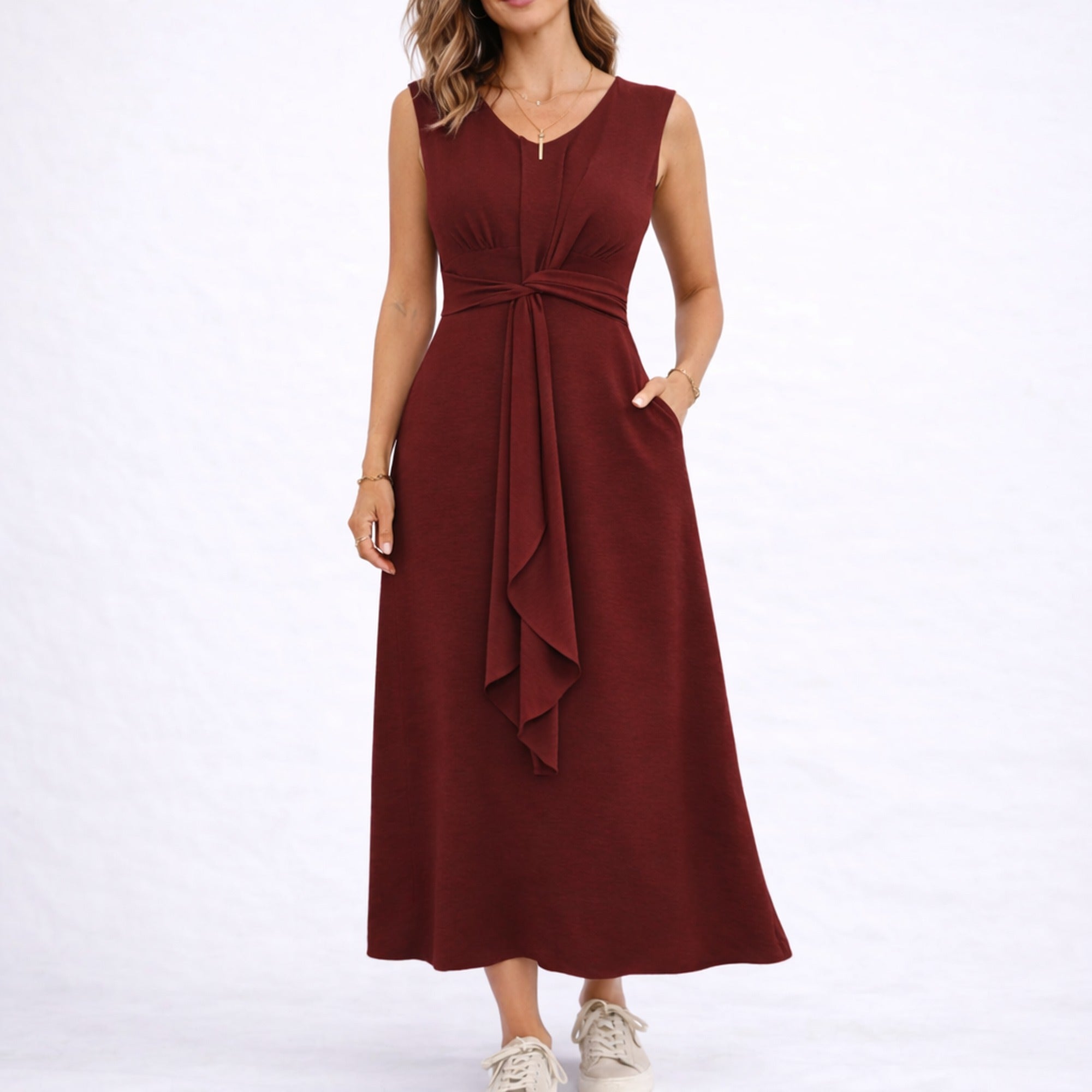 Nina | Elegant Sleeveless Midi Dress with Waist Tie Detail - Red
