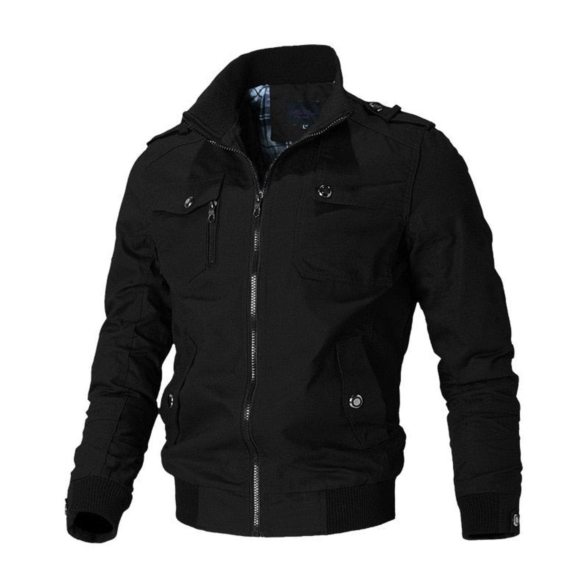 Dean | Men's Military-Style Zip-Up Bomber Jacket Ribbed Cuff - Black