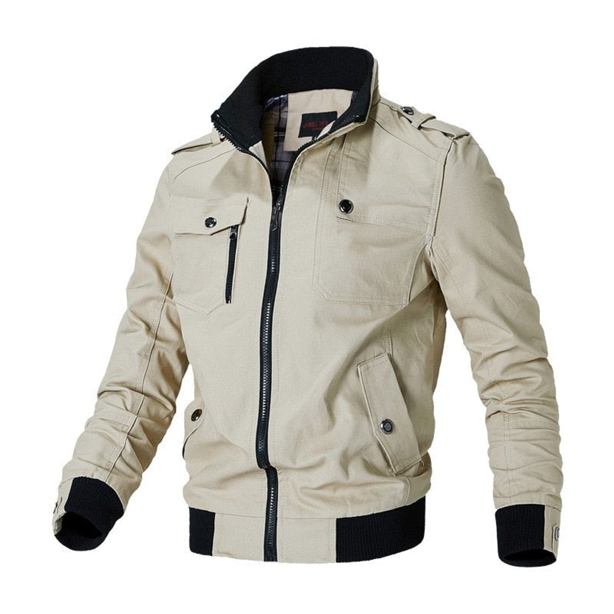 Dean | Men's Military-Style Zip-Up Bomber Jacket Ribbed Cuff - Khaki