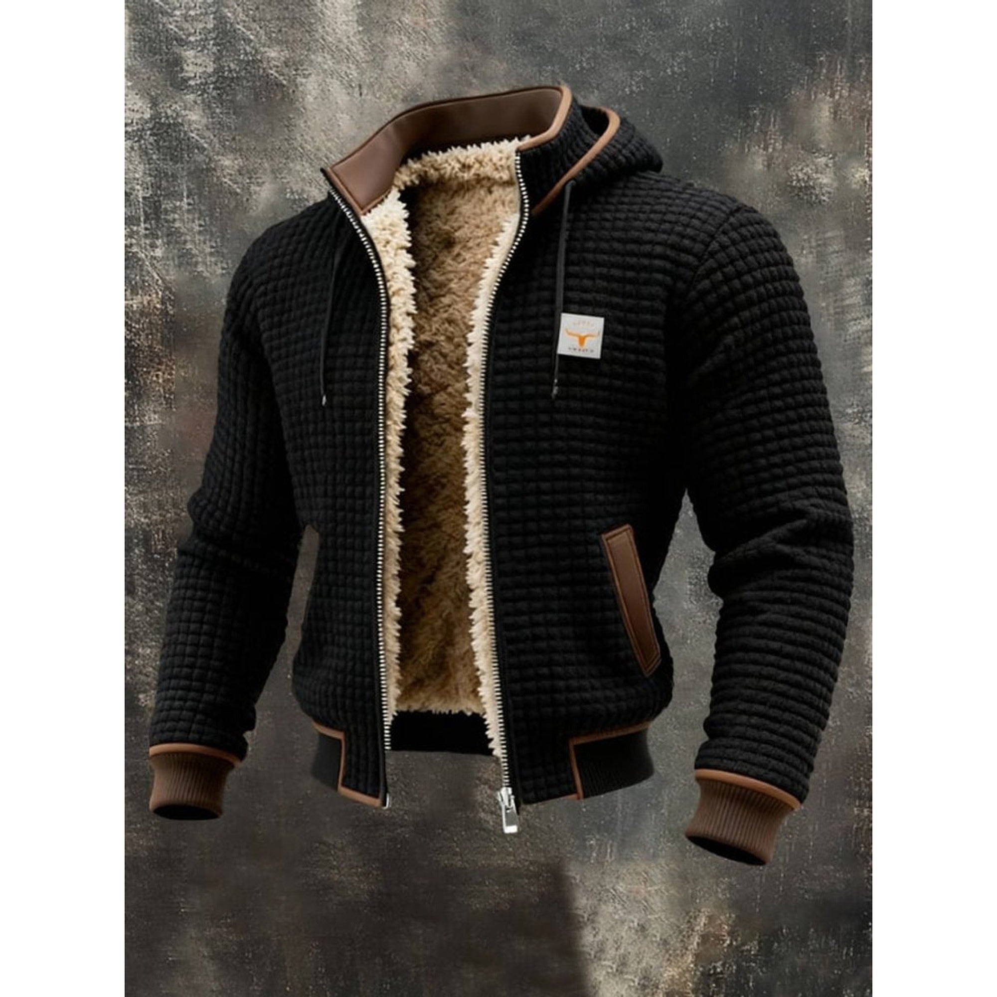 Simon | Men's Quilted Jacket Fleece-Lined Hooded Full-Zip Sherpa Coat - Black