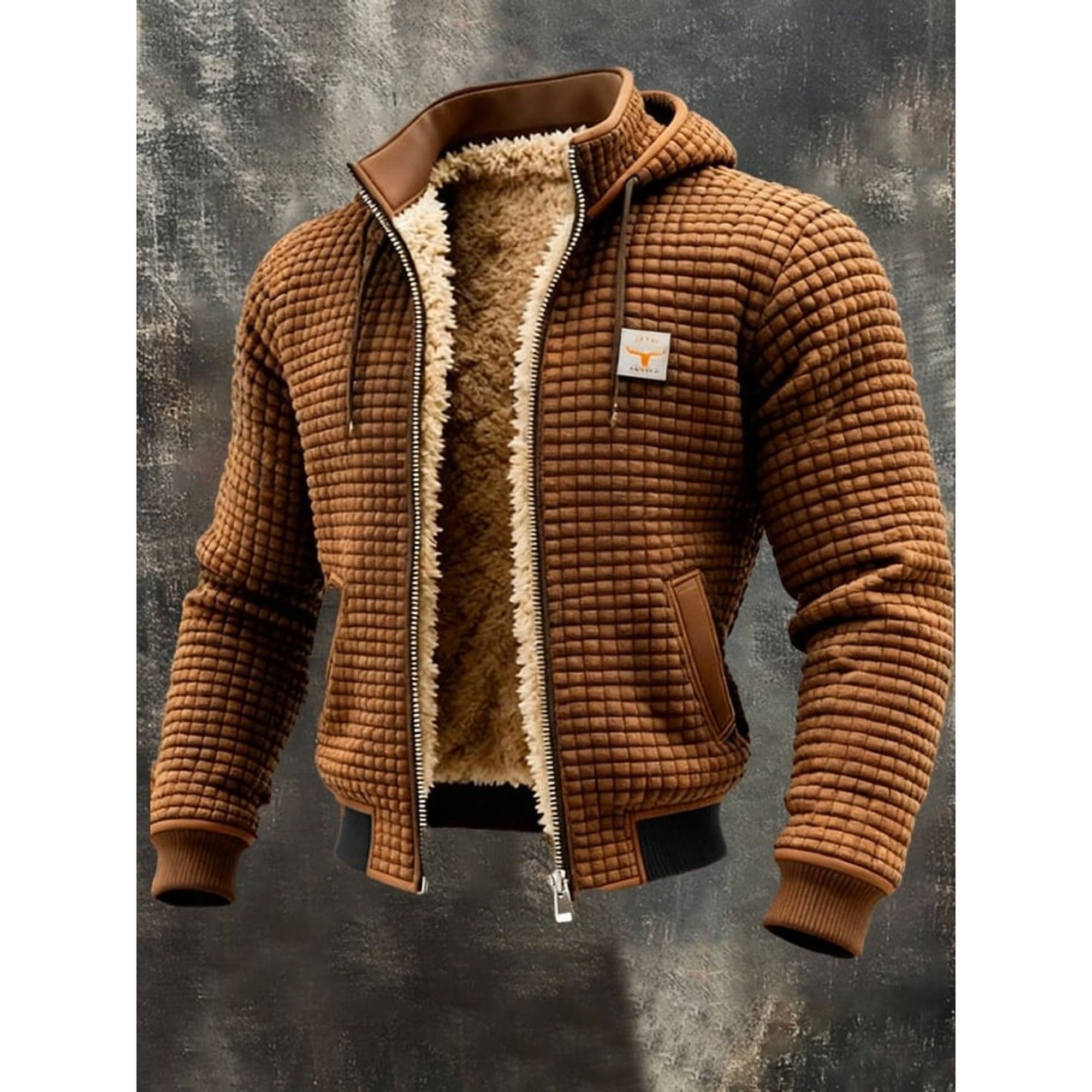 Simon | Men's Quilted Jacket Fleece-Lined Hooded Full-Zip Sherpa Coat - Brown