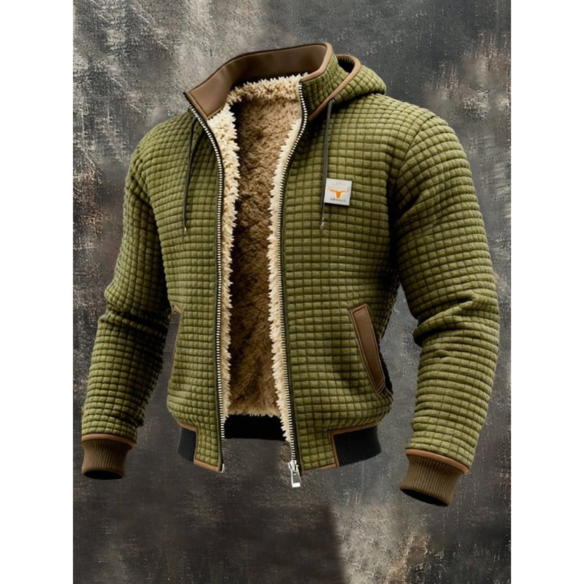 Simon | Men's Quilted Jacket Fleece-Lined Hooded Full-Zip Sherpa Coat - Olive Green