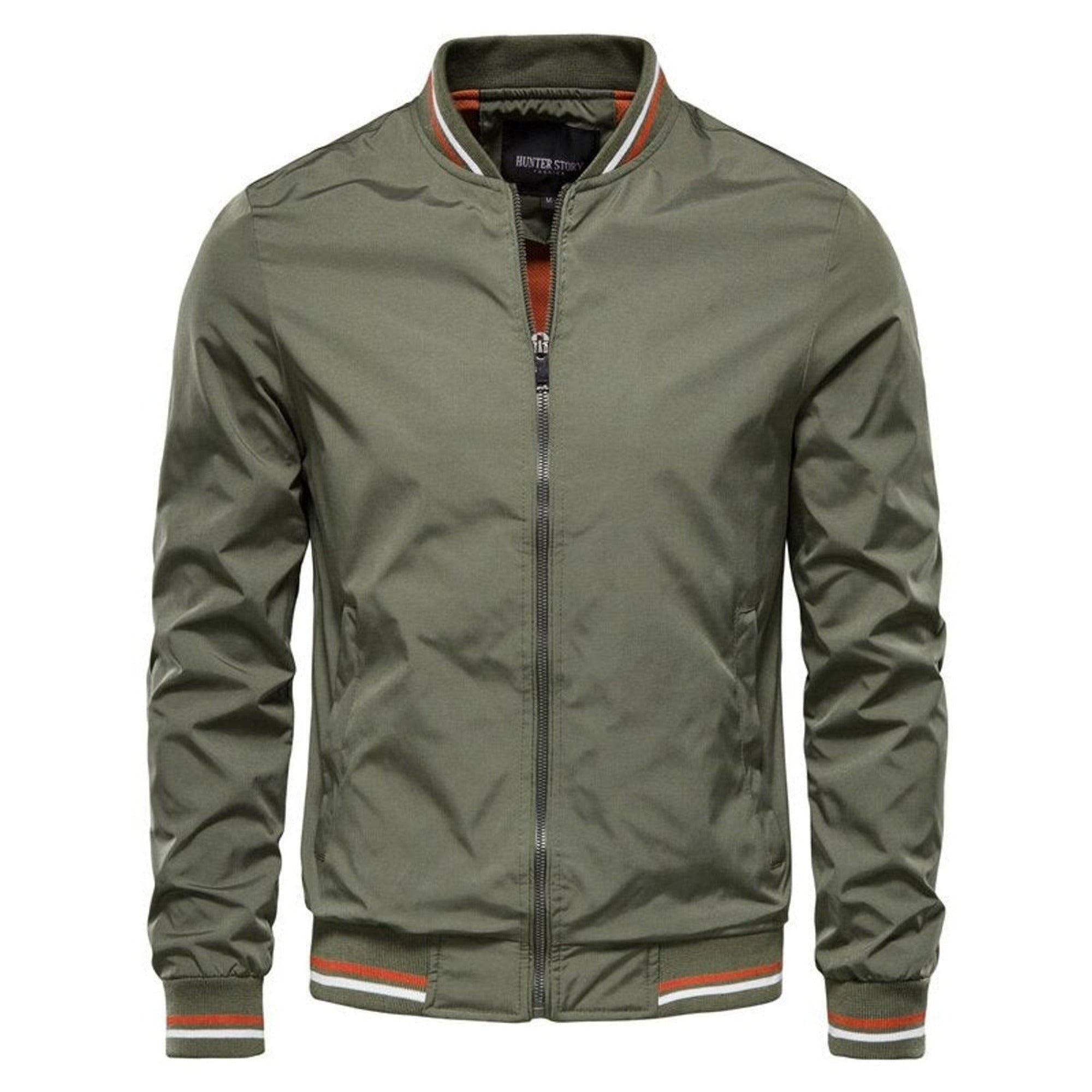 Gareth | Men's Solid Zip-Up Bomber Jacket Ribbed Collar Cuffs - Army Green