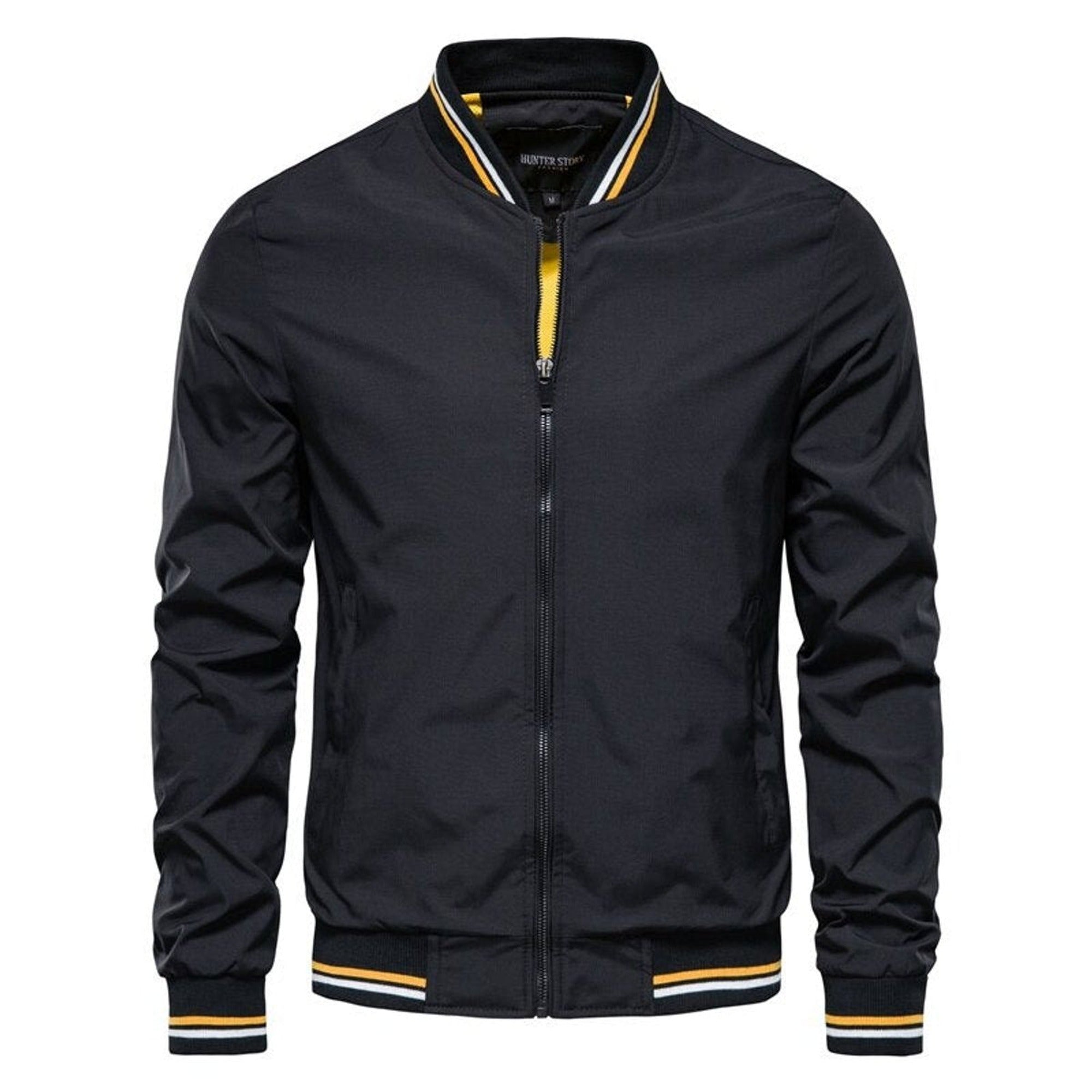 Gareth | Men's Solid Zip-Up Bomber Jacket Ribbed Collar Cuffs - Black